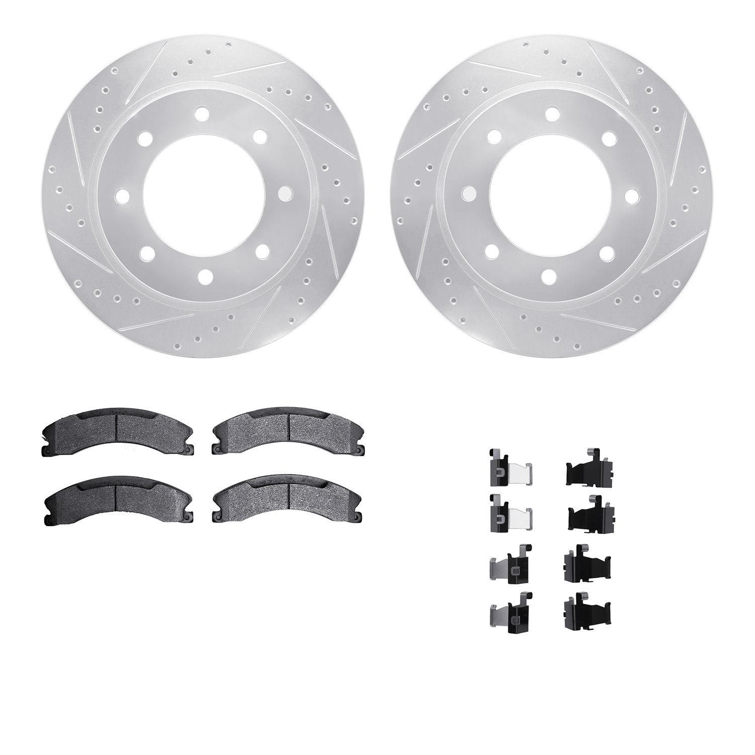 7212-67004 Drilled/Slotted Rotors w/Heavy-Duty Brake Pads Kit & Hardware [Silver], 2012-2021 Infiniti/Nissan, Position: Front