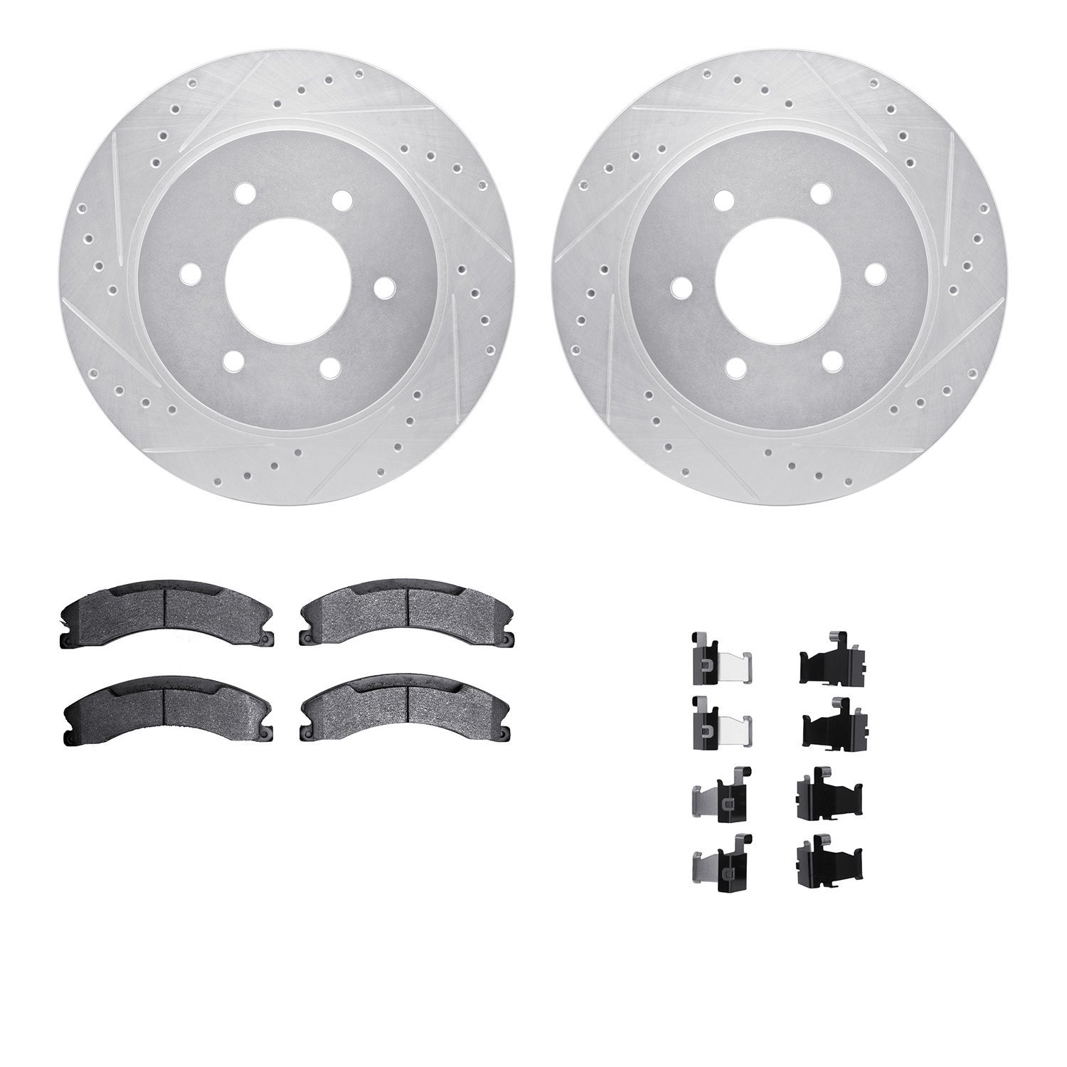 7212-67005 Drilled/Slotted Rotors w/Heavy-Duty Brake Pads Kit & Hardware [Silver], Fits Select Infiniti/Nissan, Position: Front