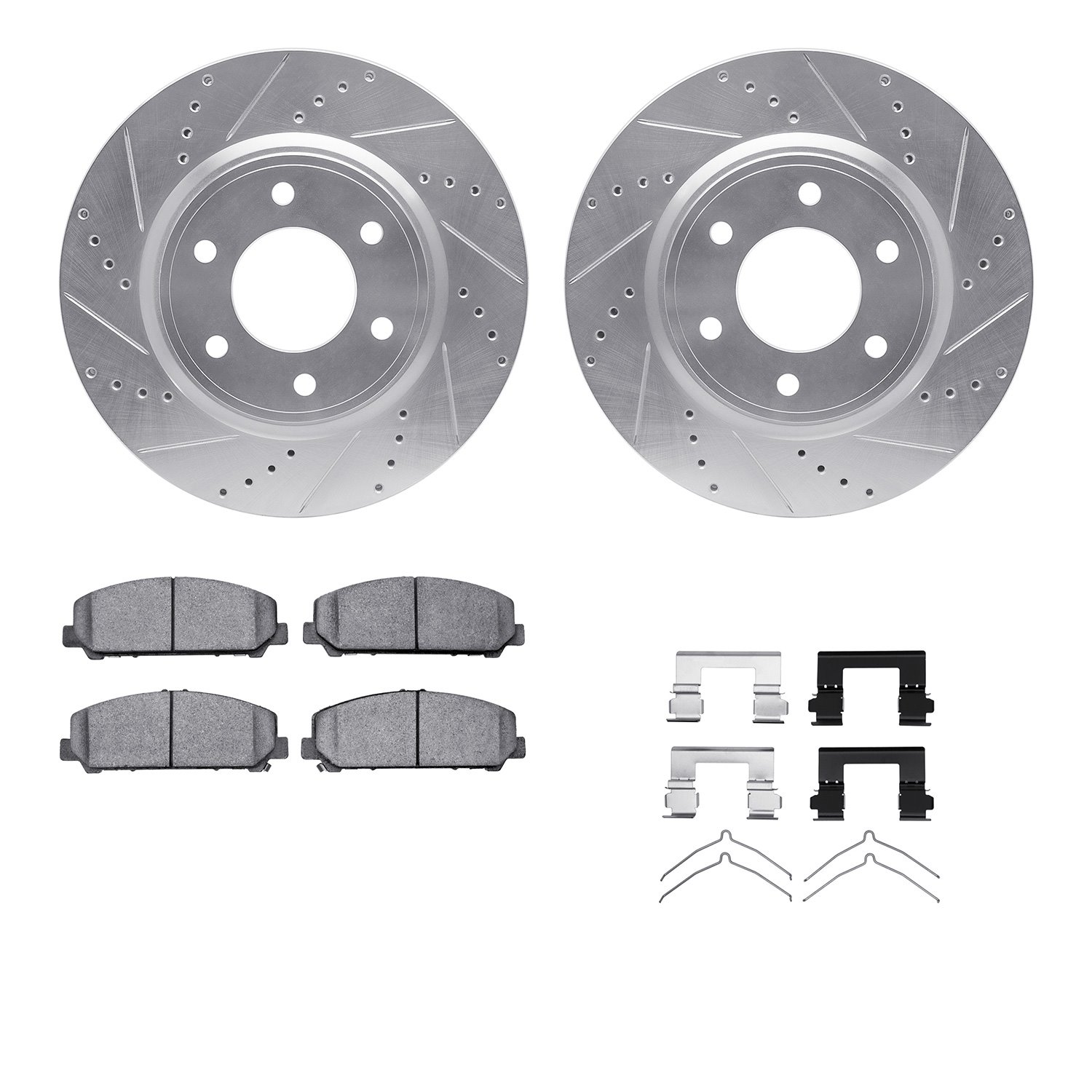 7212-68001 Drilled/Slotted Rotors w/Heavy-Duty Brake Pads Kit & Hardware [Silver], Fits Select Infiniti/Nissan, Position: Front