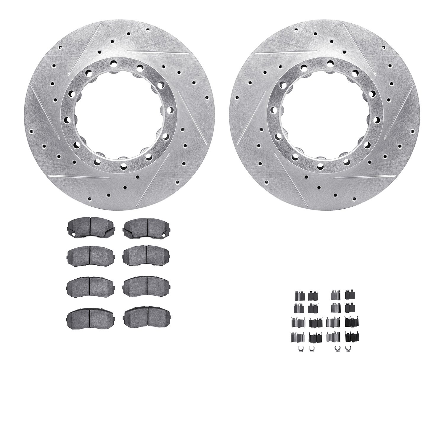 7212-72116 Drilled/Slotted Rotors w/Heavy-Duty Brake Pads Kit & Hardware [Silver], 2010-2011 Freightliner, Position: Rear