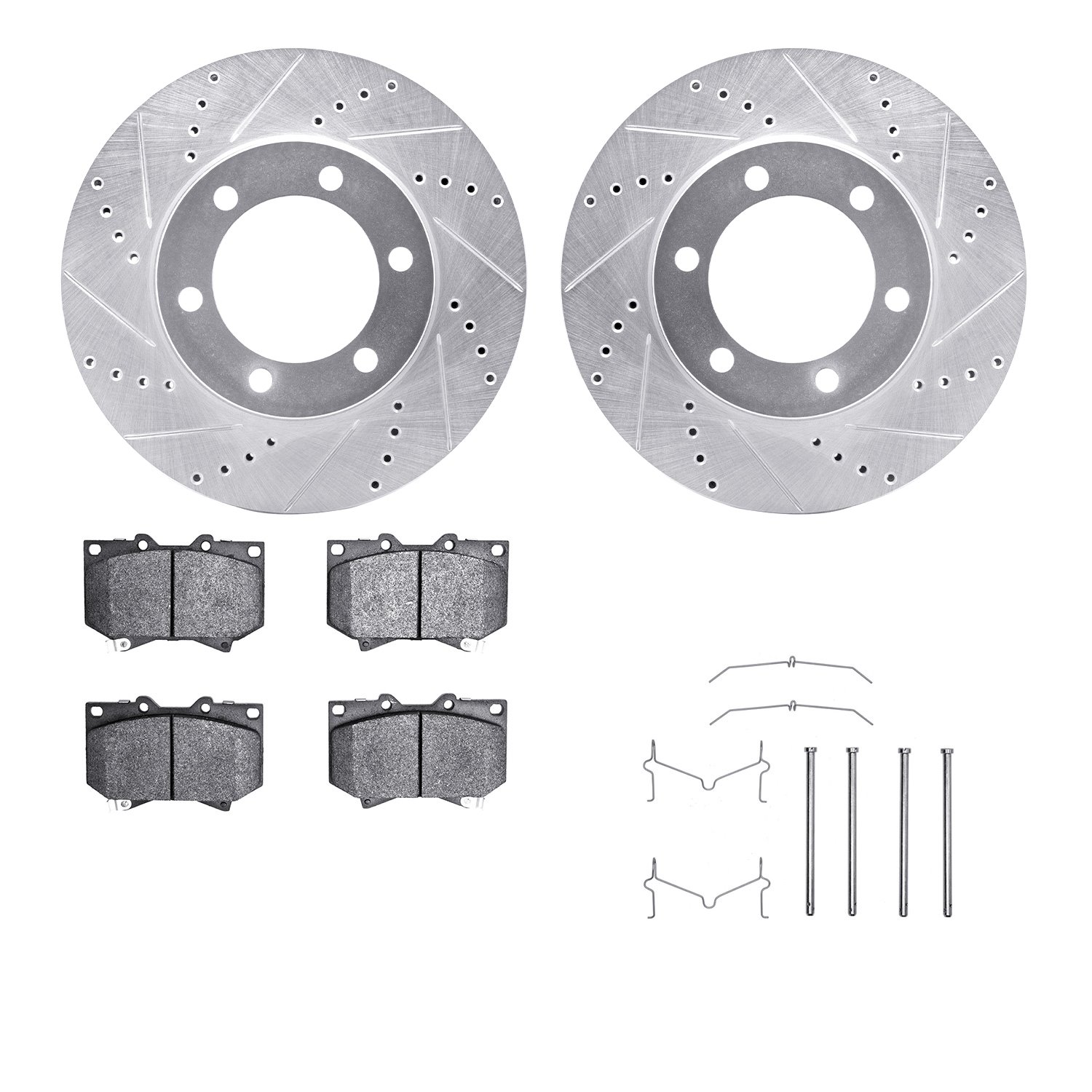 7212-76001 Drilled/Slotted Rotors w/Heavy-Duty Brake Pads Kit & Hardware [Silver], 2000-2002 Lexus/Toyota/Scion, Position: Front
