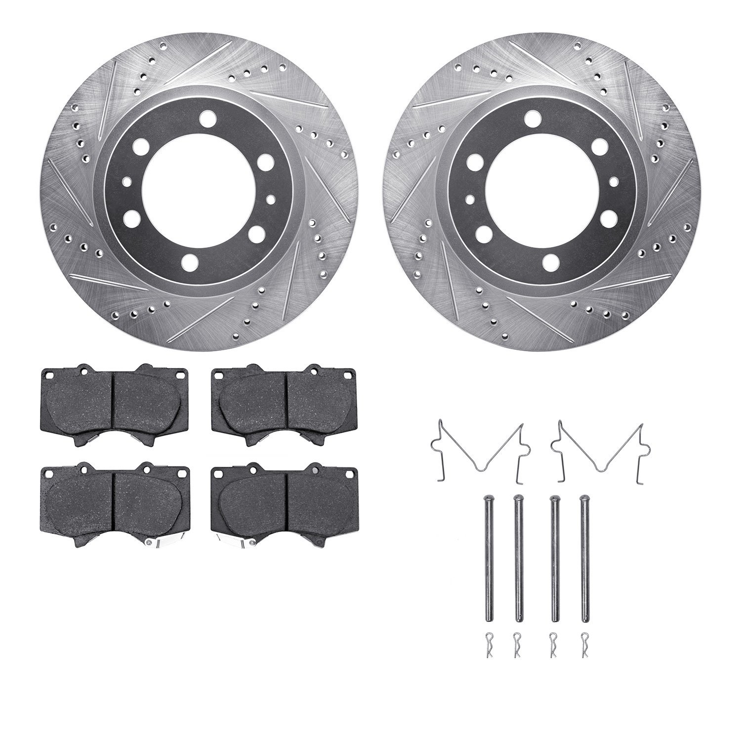 7212-76004 Drilled/Slotted Rotors w/Heavy-Duty Brake Pads Kit & Hardware [Silver], Fits Select Lexus/Toyota/Scion, Position: Fro
