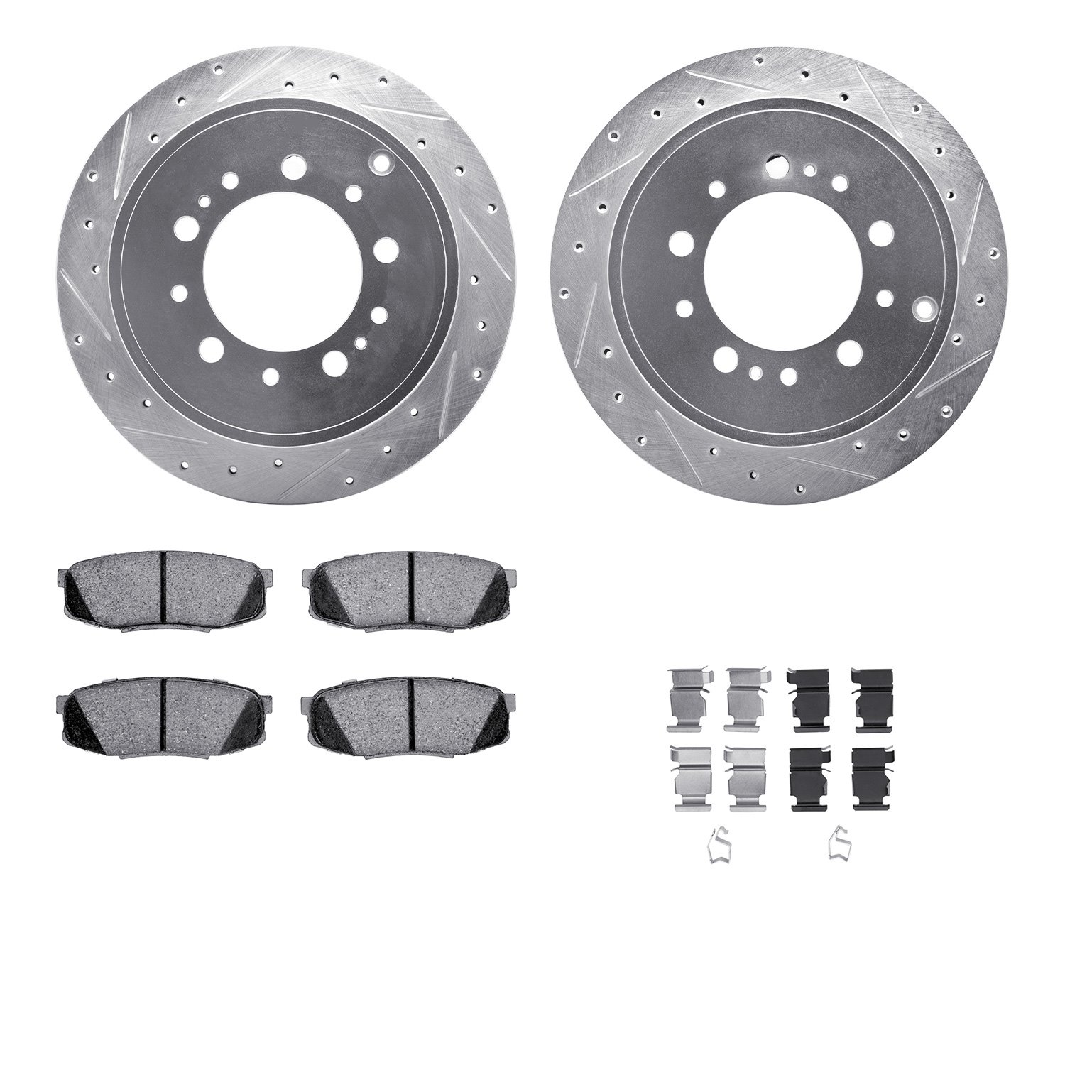 7212-76006 Drilled/Slotted Rotors w/Heavy-Duty Brake Pads Kit & Hardware [Silver], Fits Select Lexus/Toyota/Scion, Position: Rea