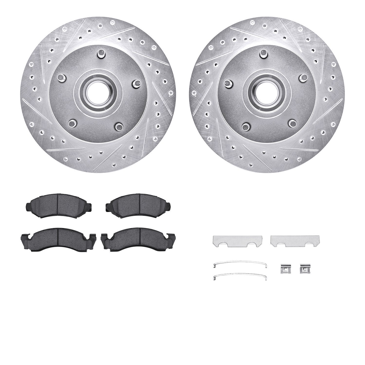 7212-99079 Drilled/Slotted Rotors w/Heavy-Duty Brake Pads Kit & Hardware [Silver], 1973-1985 Ford/Lincoln/Mercury/Mazda, Positio