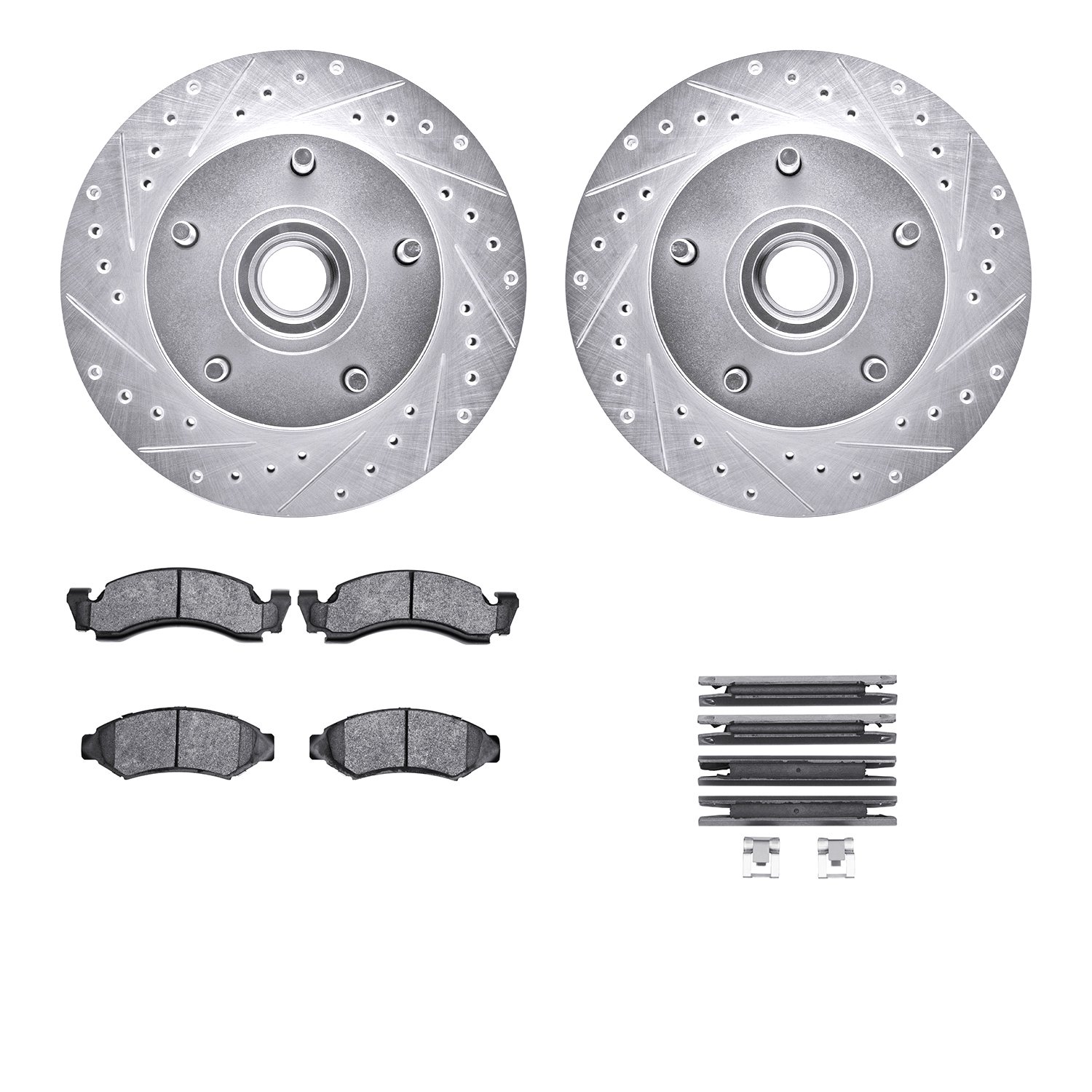 7212-99080 Drilled/Slotted Rotors w/Heavy-Duty Brake Pads Kit & Hardware [Silver], 1986-1993 Ford/Lincoln/Mercury/Mazda, Positio