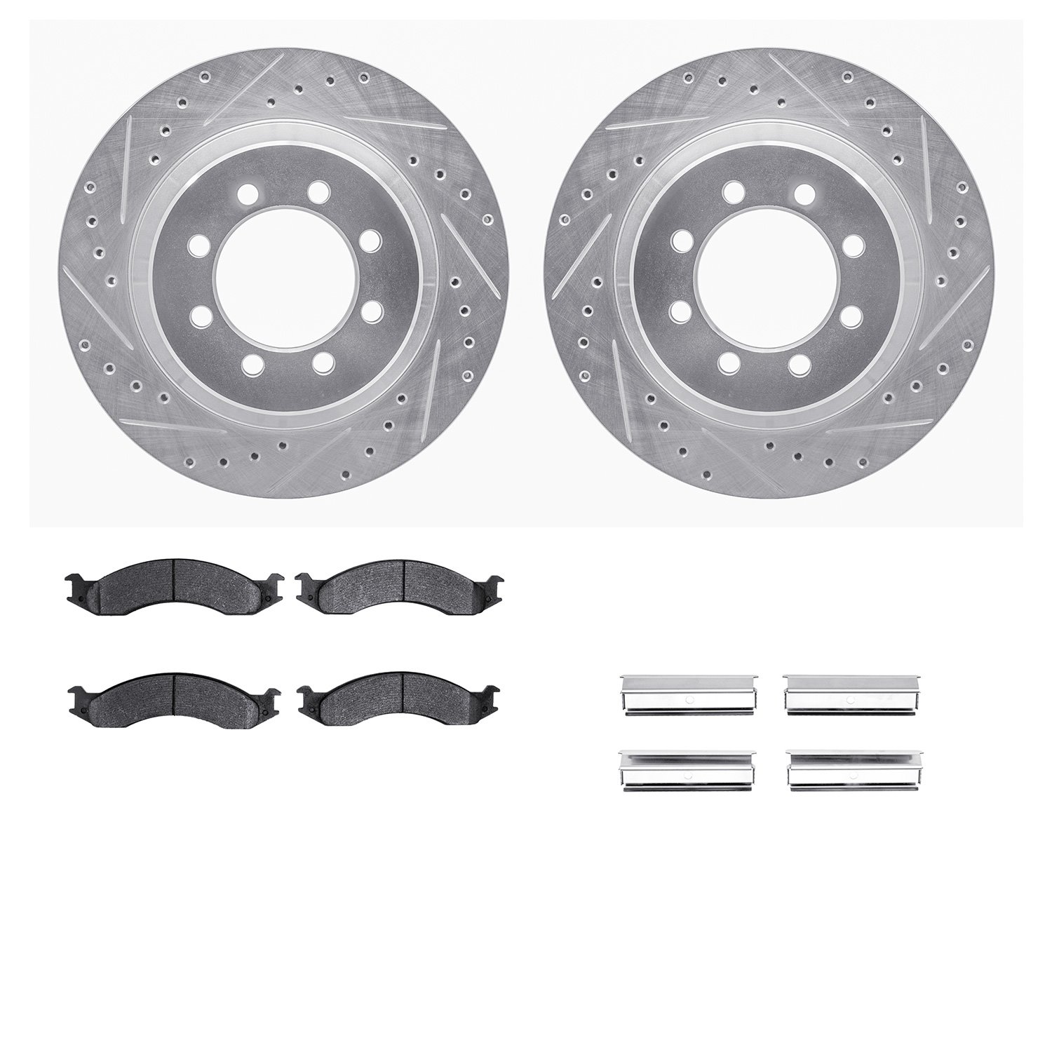 7212-99085 Drilled/Slotted Rotors w/Heavy-Duty Brake Pads Kit & Hardware [Silver], 1992-1994 Ford/Lincoln/Mercury/Mazda, Positio
