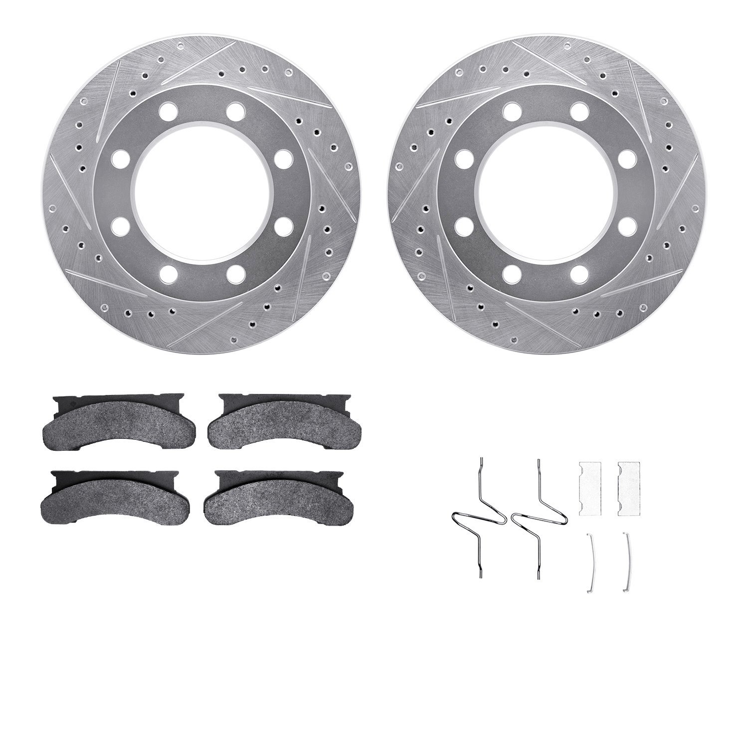 7212-99086 Drilled/Slotted Rotors w/Heavy-Duty Brake Pads Kit & Hardware [Silver], 1976-1979 Ford/Lincoln/Mercury/Mazda, Positio