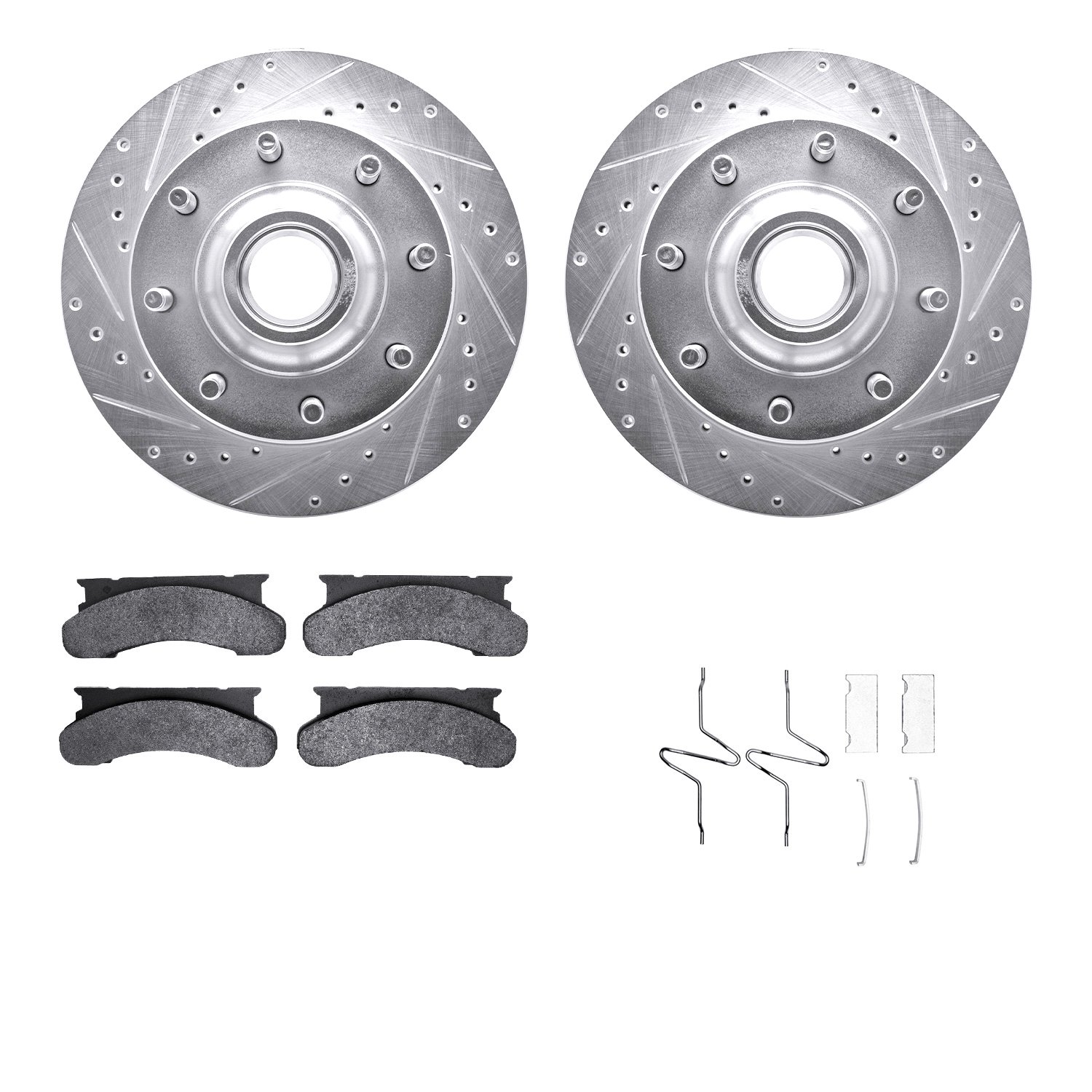 7212-99089 Drilled/Slotted Rotors w/Heavy-Duty Brake Pads Kit & Hardware [Silver], 1980-1985 Ford/Lincoln/Mercury/Mazda, Positio