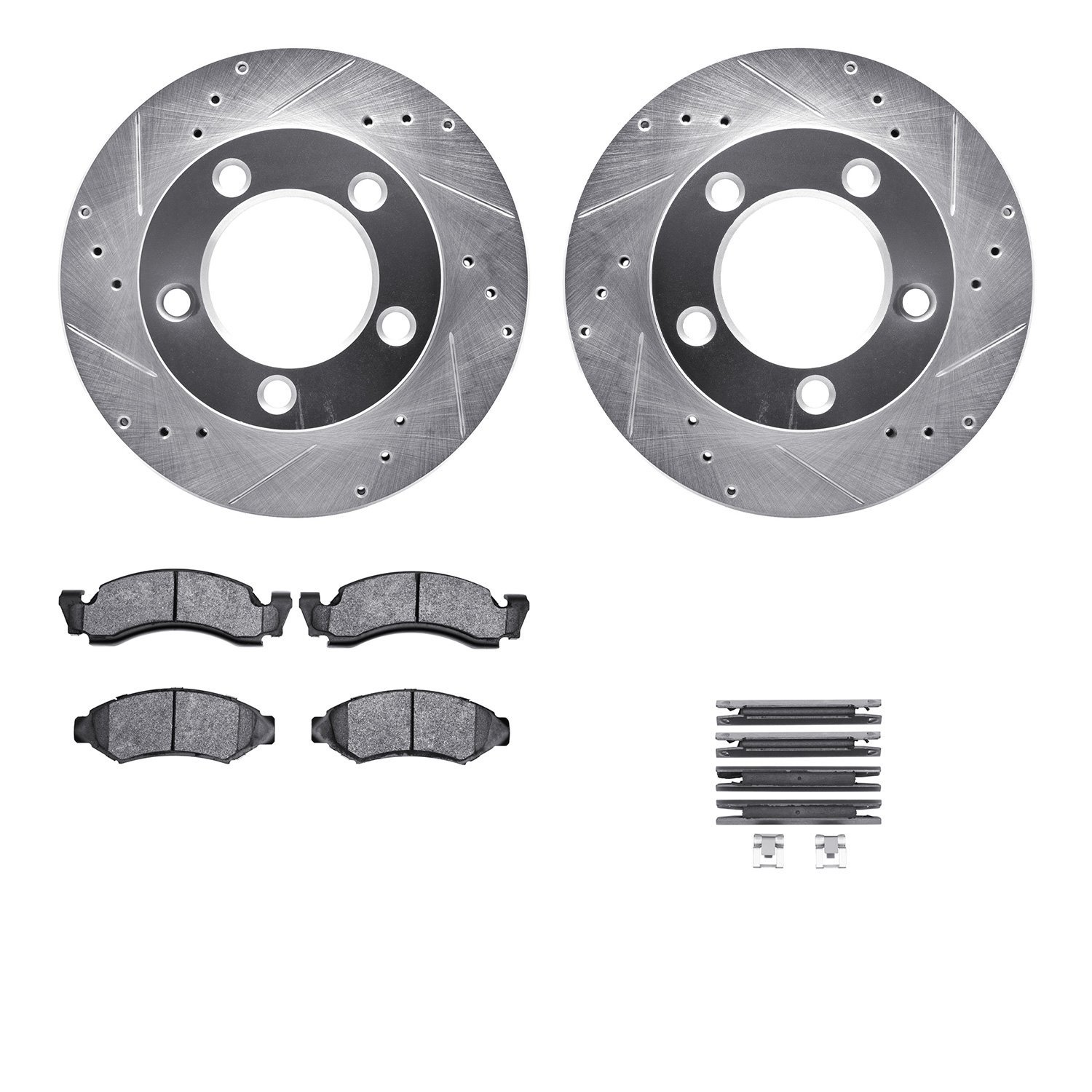 7212-99093 Drilled/Slotted Rotors w/Heavy-Duty Brake Pads Kit & Hardware [Silver], 1986-1993 Ford/Lincoln/Mercury/Mazda, Positio