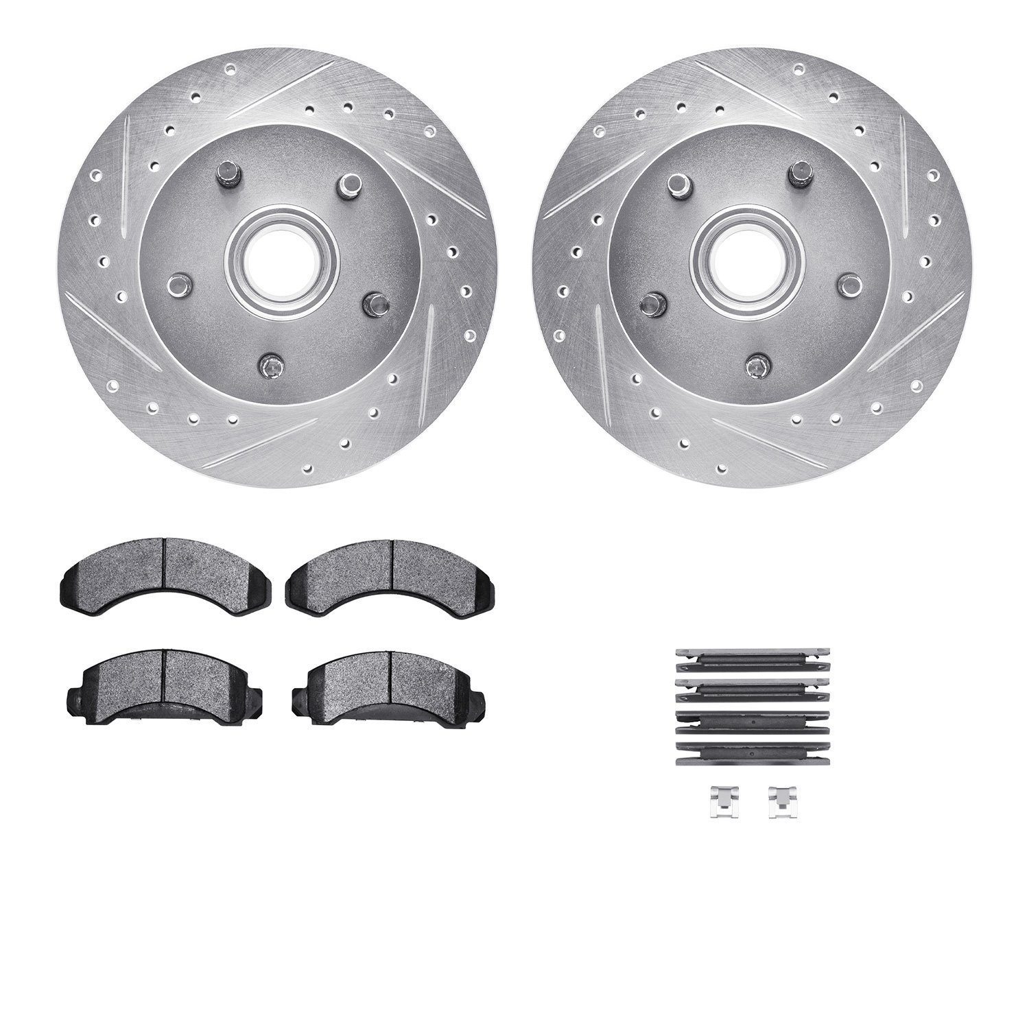 7212-99094 Drilled/Slotted Rotors w/Heavy-Duty Brake Pads Kit & Hardware [Silver], 1983-1994 Ford/Lincoln/Mercury/Mazda, Positio