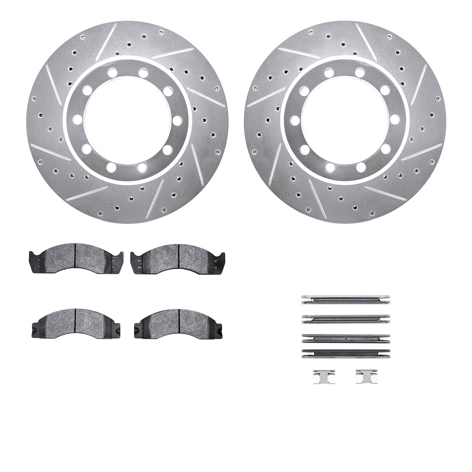 7212-99096 Drilled/Slotted Rotors w/Heavy-Duty Brake Pads Kit & Hardware [Silver], 1988-1998 Ford/Lincoln/Mercury/Mazda, Positio