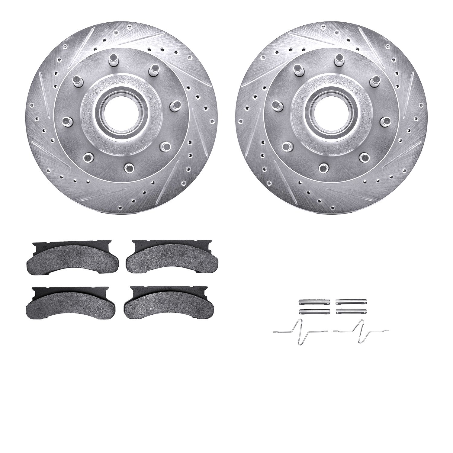 7212-99101 Drilled/Slotted Rotors w/Heavy-Duty Brake Pads Kit & Hardware [Silver], 1986-1994 Ford/Lincoln/Mercury/Mazda, Positio