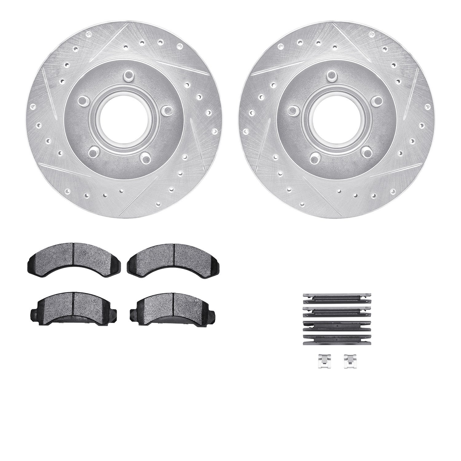 7212-99102 Drilled/Slotted Rotors w/Heavy-Duty Brake Pads Kit & Hardware [Silver], 1990-1994 Ford/Lincoln/Mercury/Mazda, Positio