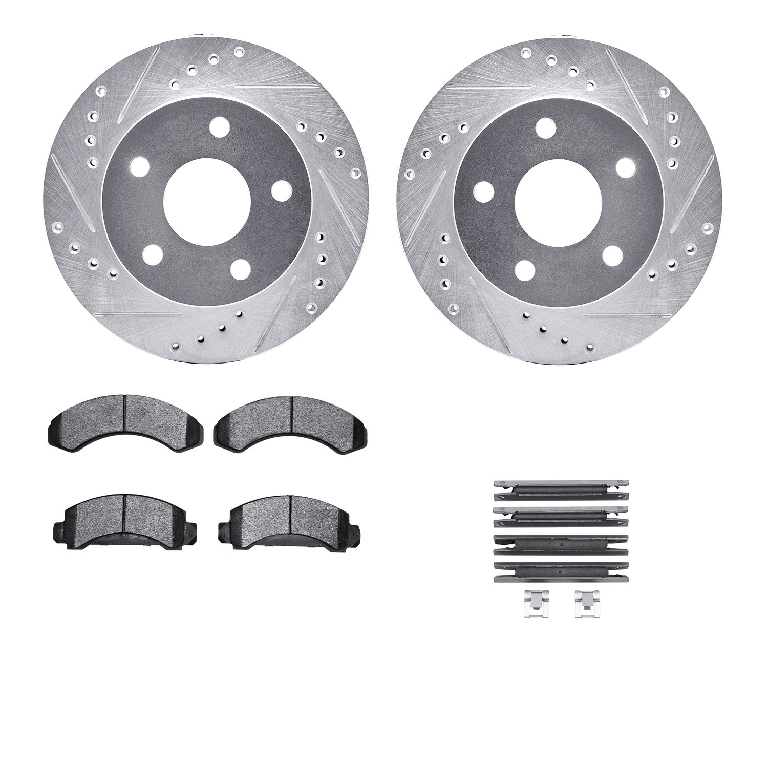 7212-99103 Drilled/Slotted Rotors w/Heavy-Duty Brake Pads Kit & Hardware [Silver], 1990-1997 Ford/Lincoln/Mercury/Mazda, Positio