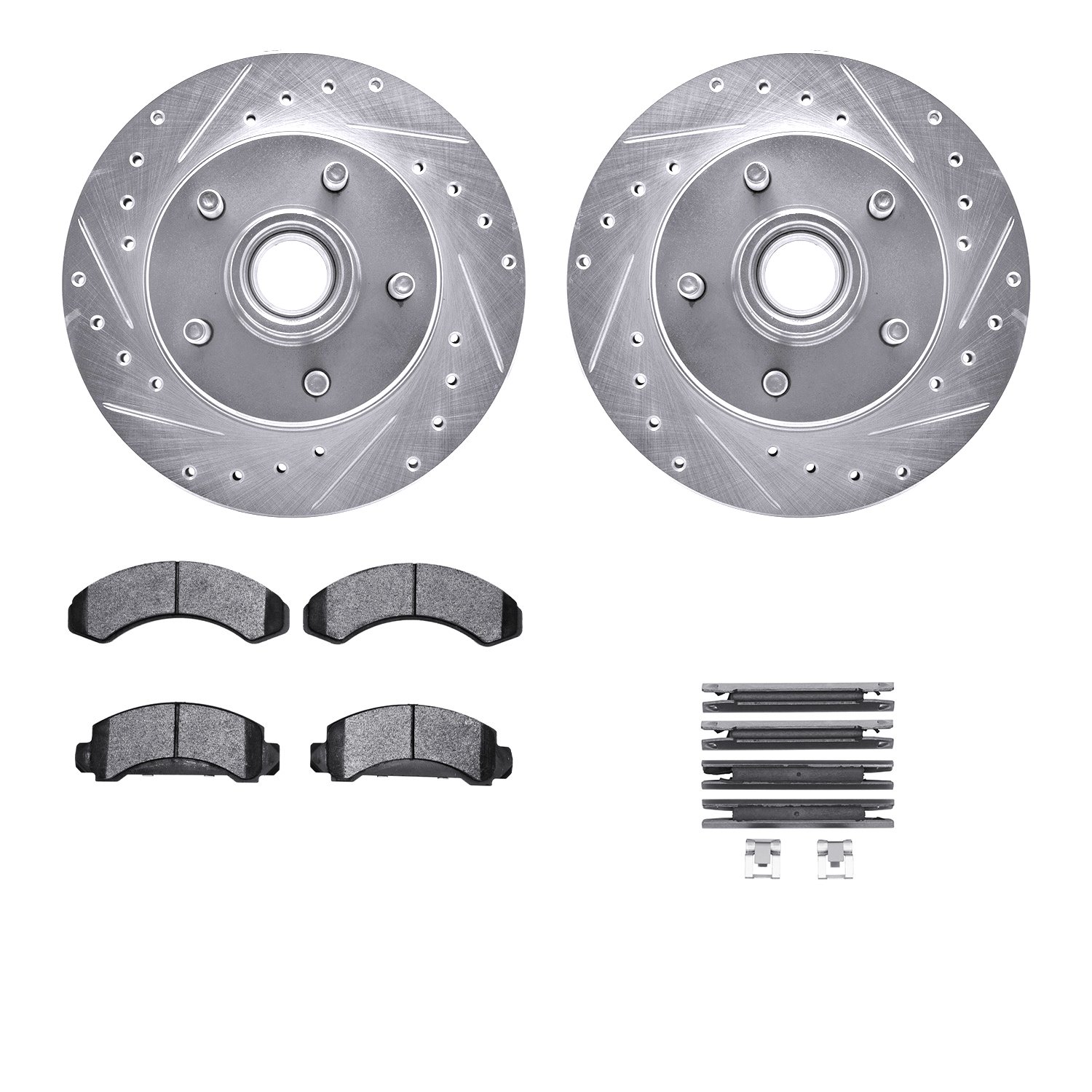 7212-99104 Drilled/Slotted Rotors w/Heavy-Duty Brake Pads Kit & Hardware [Silver], 1986-1992 Ford/Lincoln/Mercury/Mazda, Positio