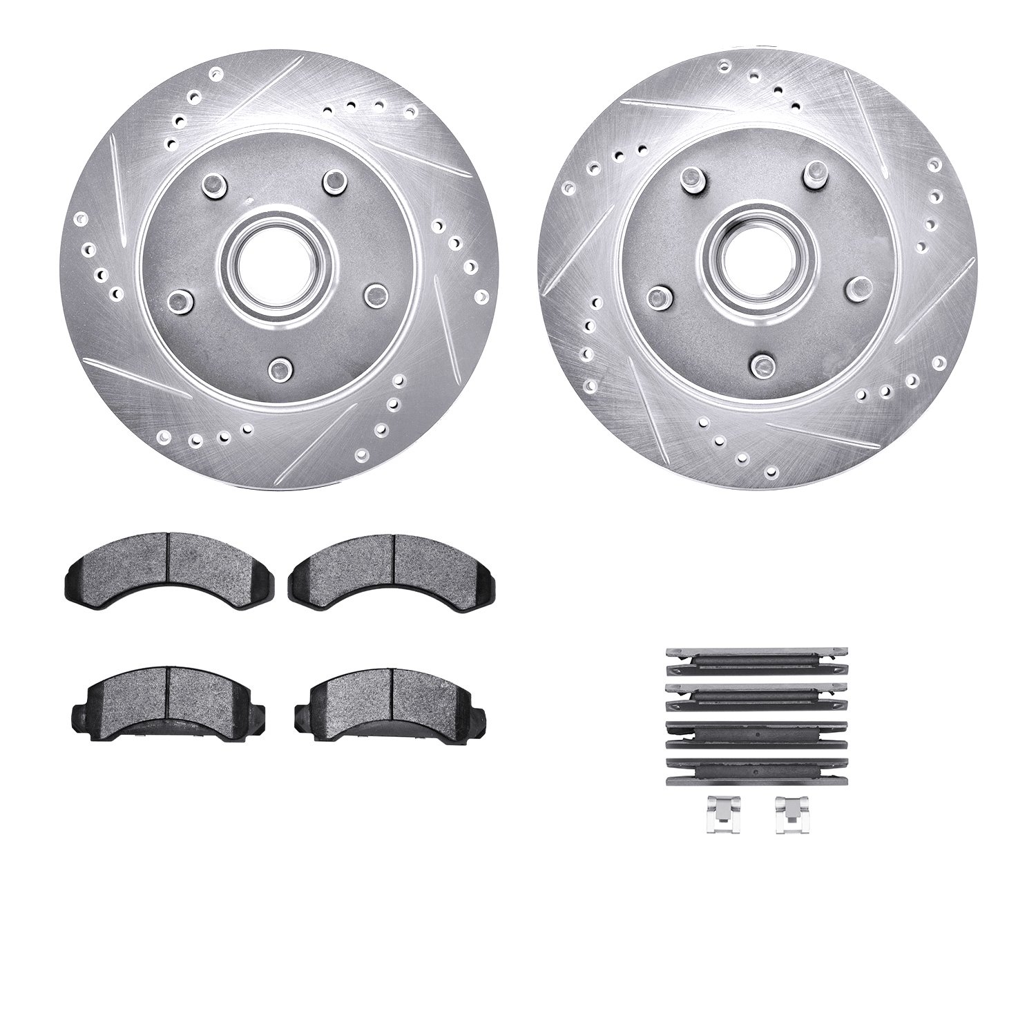 7212-99105 Drilled/Slotted Rotors w/Heavy-Duty Brake Pads Kit & Hardware [Silver], 1992-1997 Ford/Lincoln/Mercury/Mazda, Positio