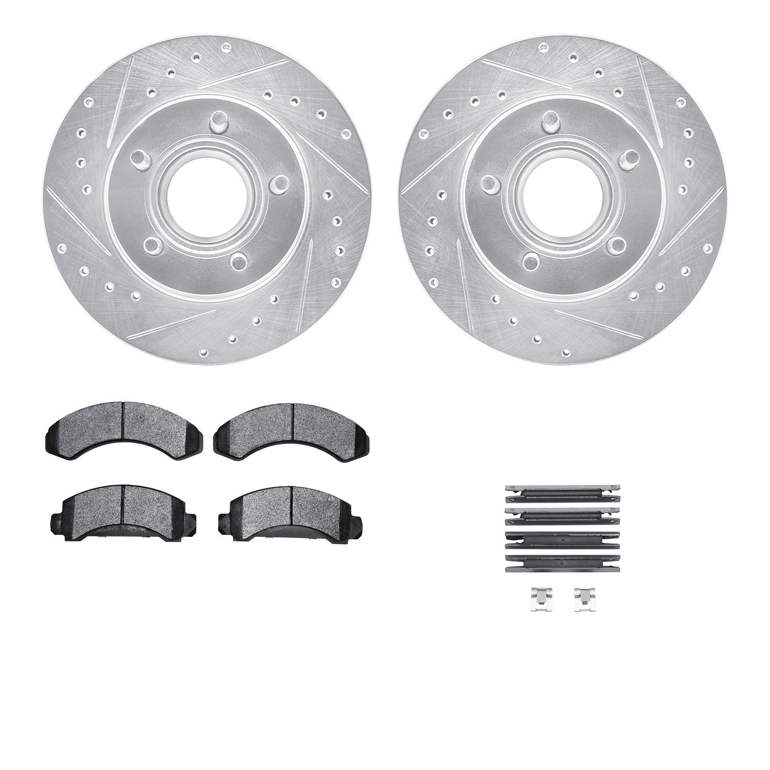 7212-99106 Drilled/Slotted Rotors w/Heavy-Duty Brake Pads Kit & Hardware [Silver], 1993-1994 Ford/Lincoln/Mercury/Mazda, Positio