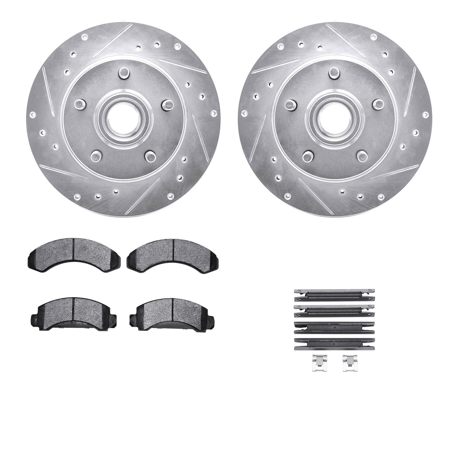 7212-99107 Drilled/Slotted Rotors w/Heavy-Duty Brake Pads Kit & Hardware [Silver], 1991-1994 Ford/Lincoln/Mercury/Mazda, Positio