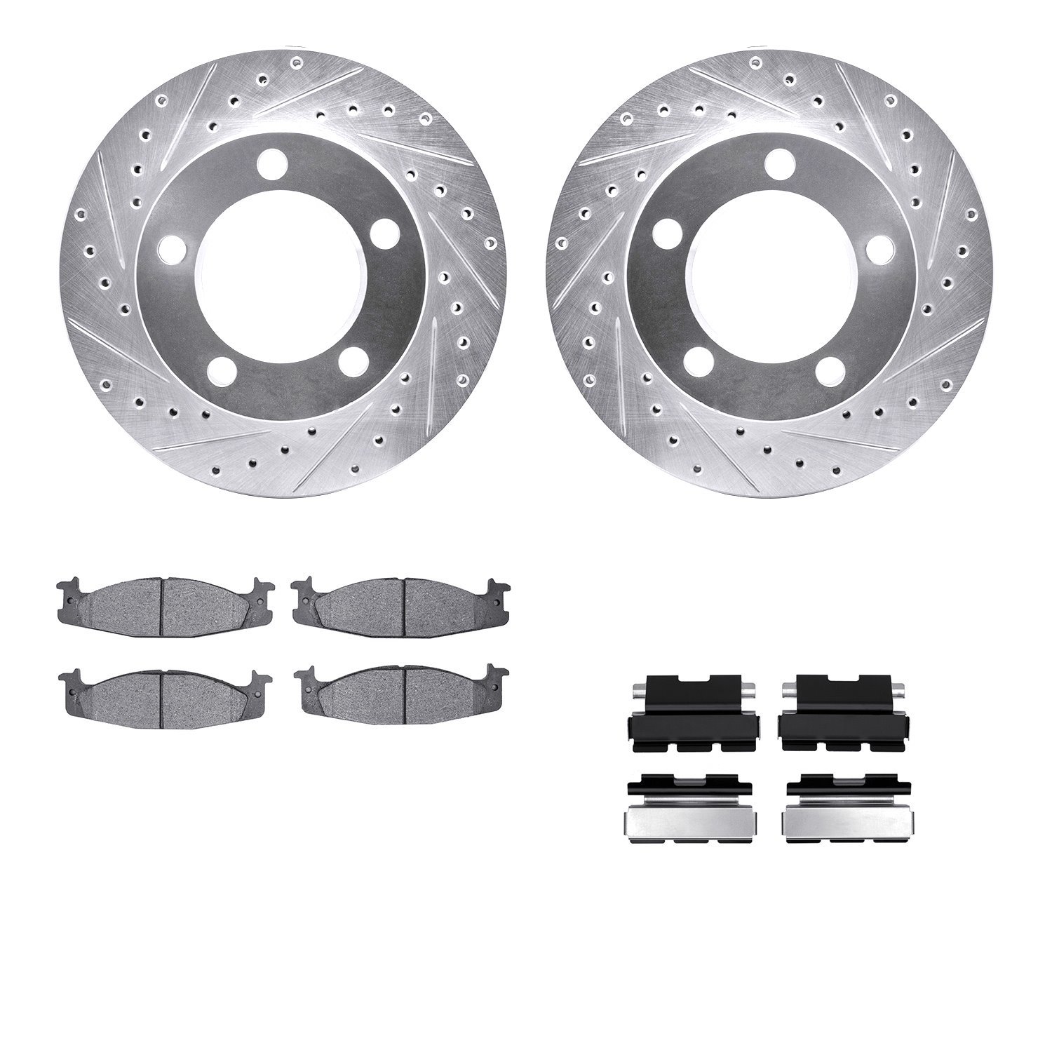 7212-99112 Drilled/Slotted Rotors w/Heavy-Duty Brake Pads Kit & Hardware [Silver], 1994-1996 Ford/Lincoln/Mercury/Mazda, Positio