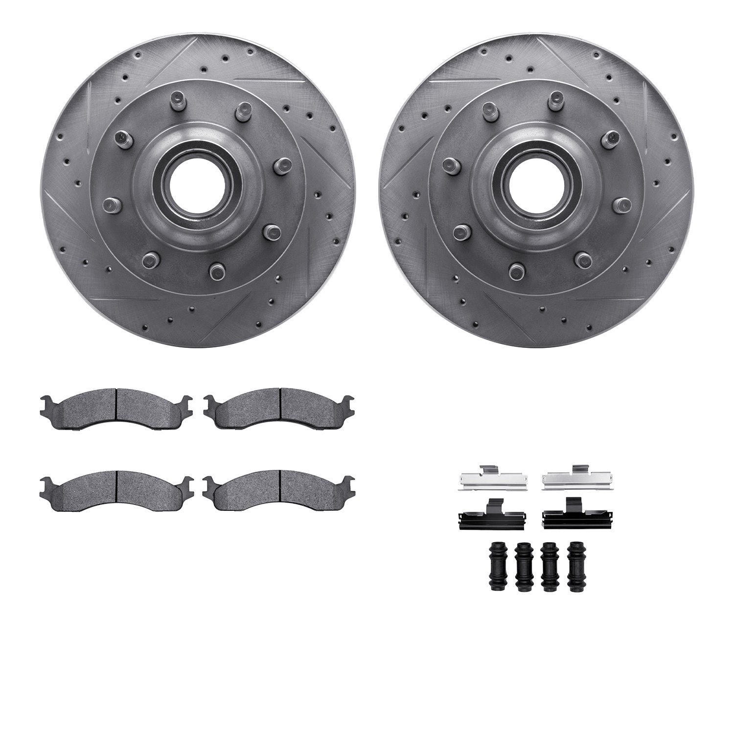 7212-99118 Drilled/Slotted Rotors w/Heavy-Duty Brake Pads Kit & Hardware [Silver], 1995-2007 Ford/Lincoln/Mercury/Mazda, Positio