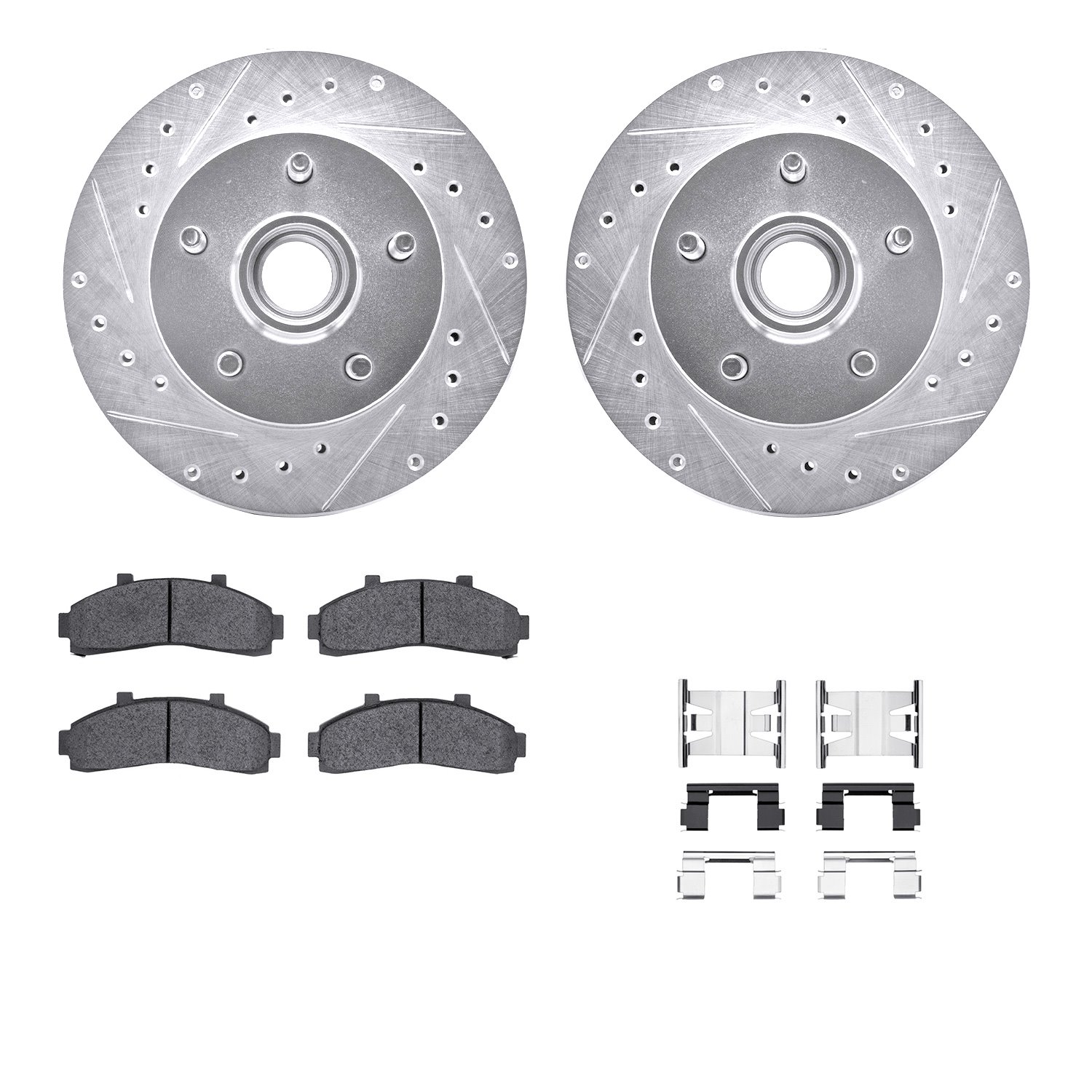 7212-99121 Drilled/Slotted Rotors w/Heavy-Duty Brake Pads Kit & Hardware [Silver], 1995-1997 Ford/Lincoln/Mercury/Mazda, Positio