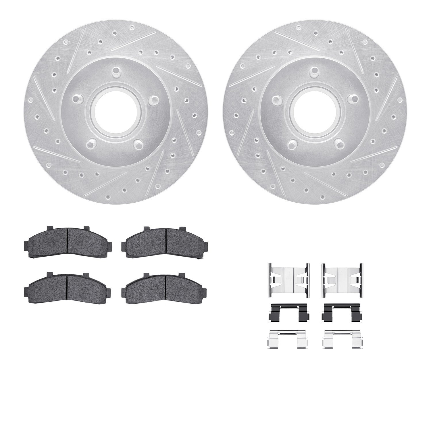 7212-99122 Drilled/Slotted Rotors w/Heavy-Duty Brake Pads Kit & Hardware [Silver], 1995-1997 Ford/Lincoln/Mercury/Mazda, Positio