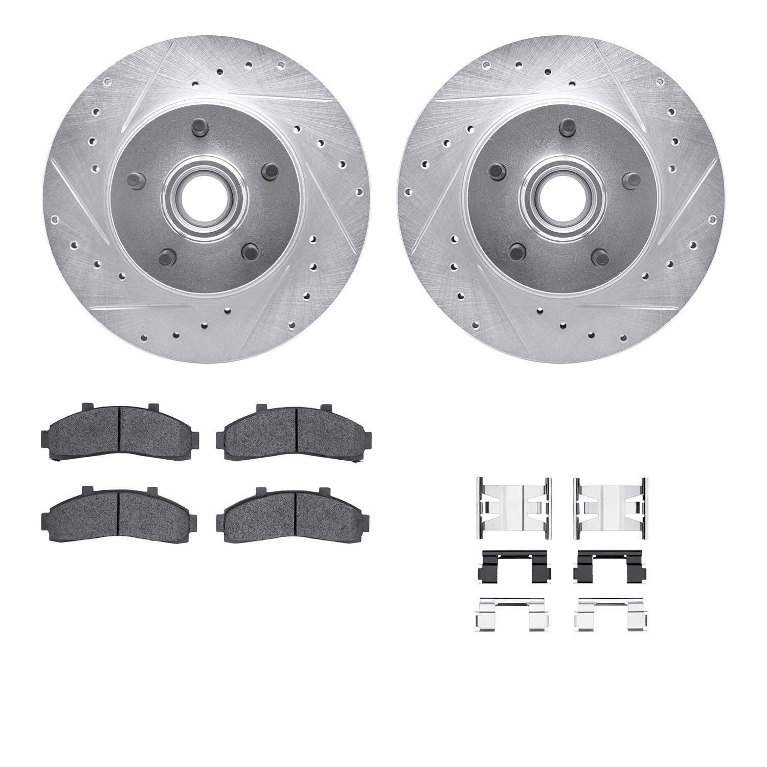 7212-99123 Drilled/Slotted Rotors w/Heavy-Duty Brake Pads Kit & Hardware [Silver], 1995-2002 Ford/Lincoln/Mercury/Mazda, Positio