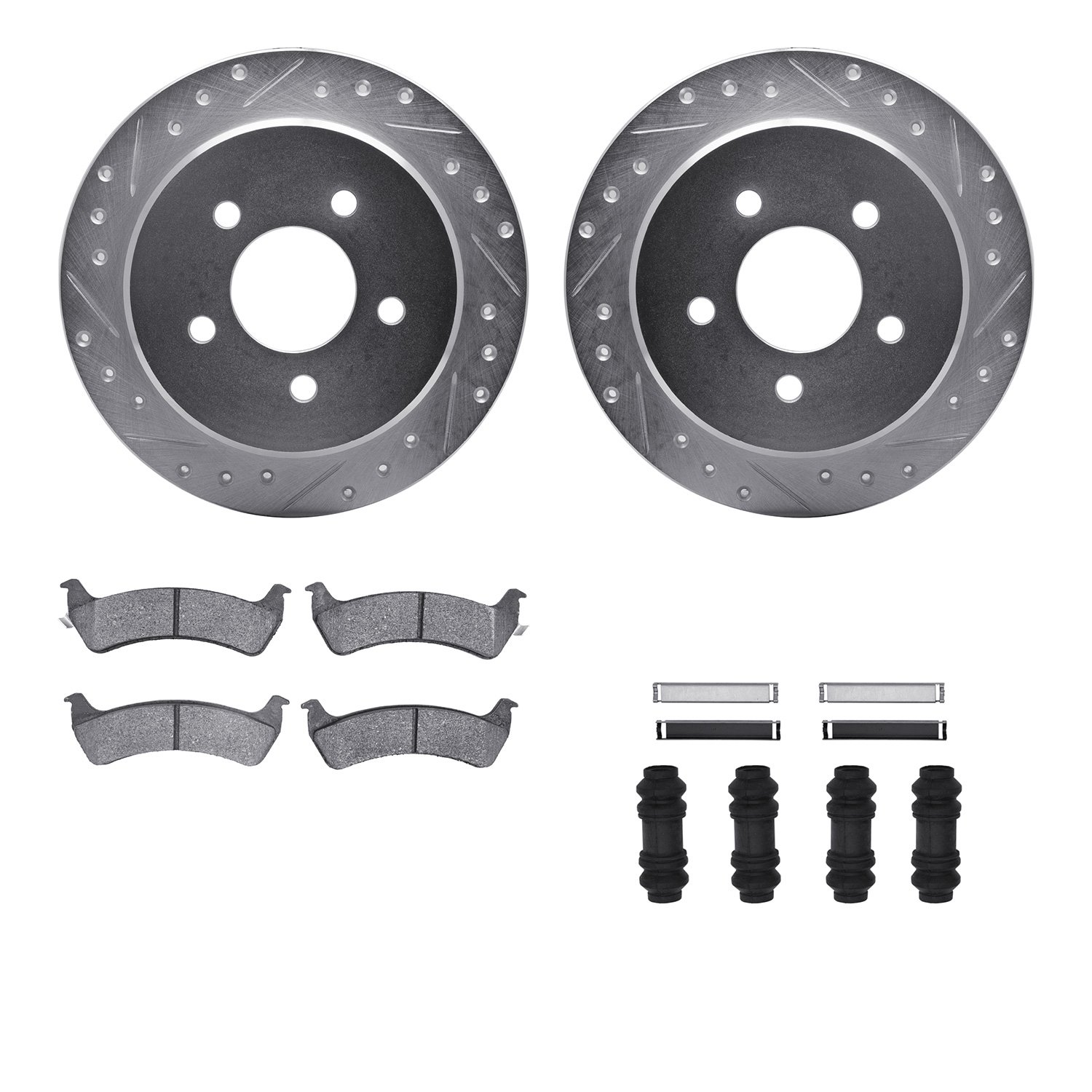 7212-99126 Drilled/Slotted Rotors w/Heavy-Duty Brake Pads Kit & Hardware [Silver], 2001-2002 Ford/Lincoln/Mercury/Mazda, Positio