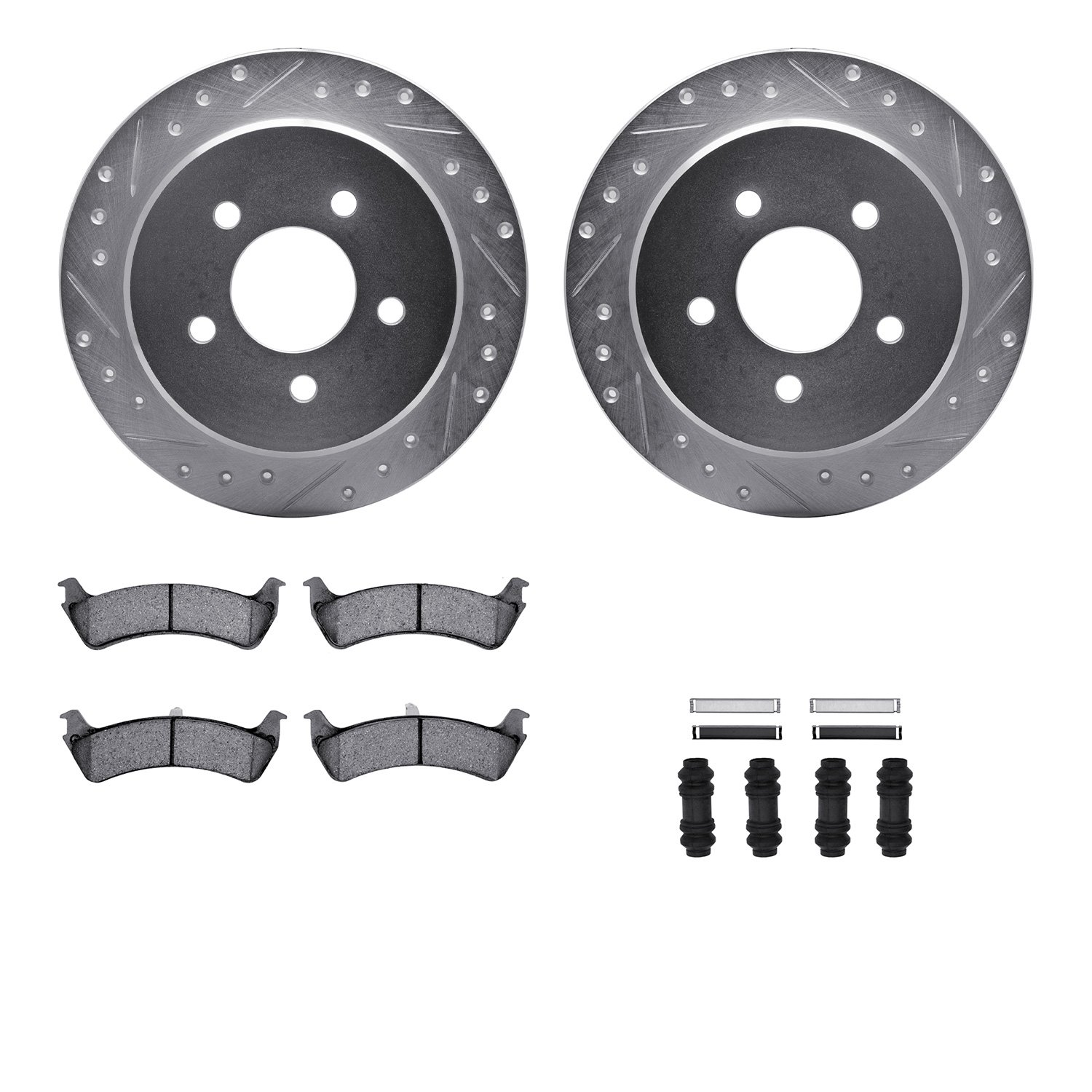 7212-99127 Drilled/Slotted Rotors w/Heavy-Duty Brake Pads Kit & Hardware [Silver], 1995-2002 Ford/Lincoln/Mercury/Mazda, Positio