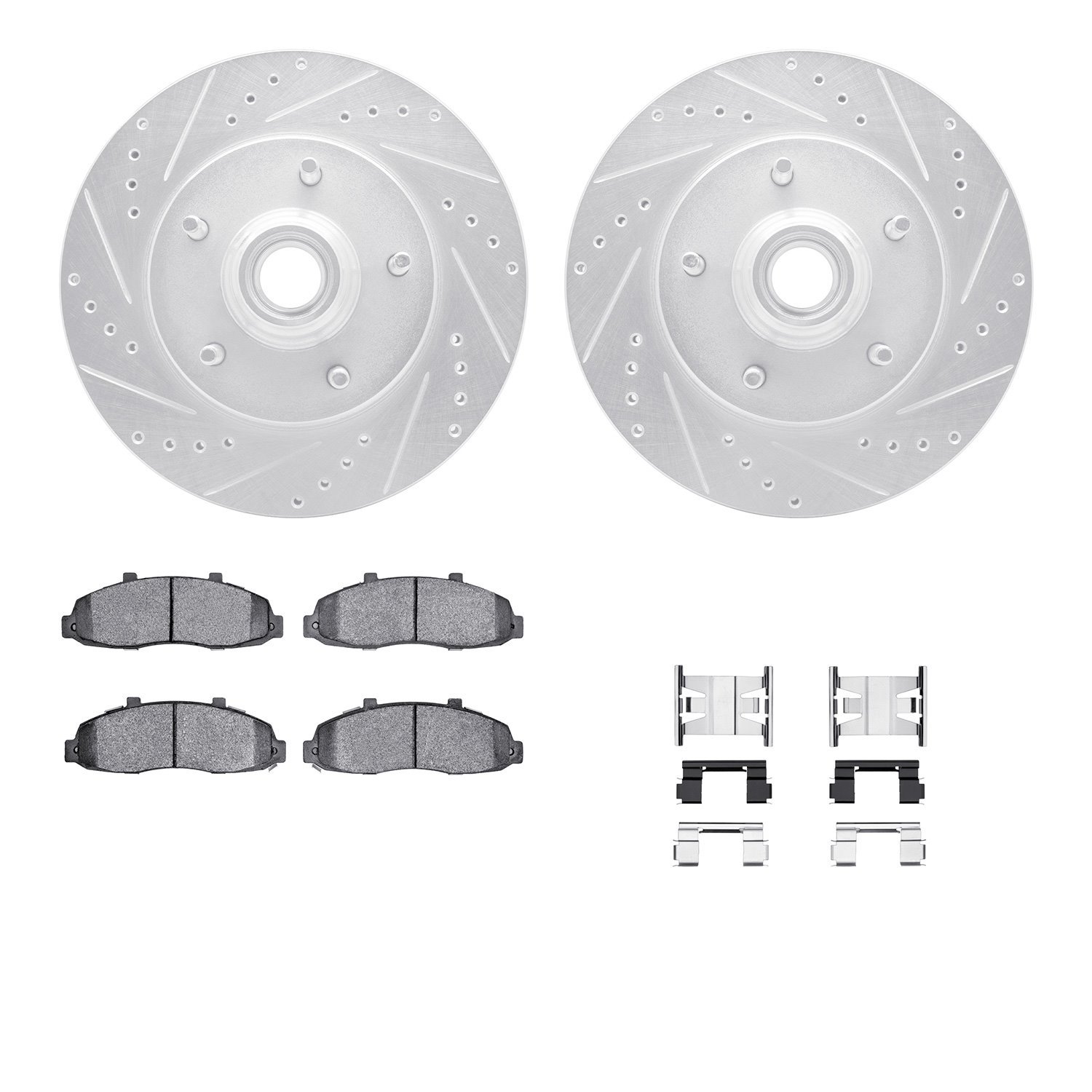 7212-99132 Drilled/Slotted Rotors w/Heavy-Duty Brake Pads Kit & Hardware [Silver], 1997-1999 Ford/Lincoln/Mercury/Mazda, Positio