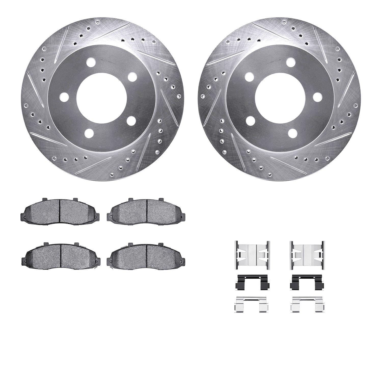7212-99134 Drilled/Slotted Rotors w/Heavy-Duty Brake Pads Kit & Hardware [Silver], 1997-2004 Ford/Lincoln/Mercury/Mazda, Positio