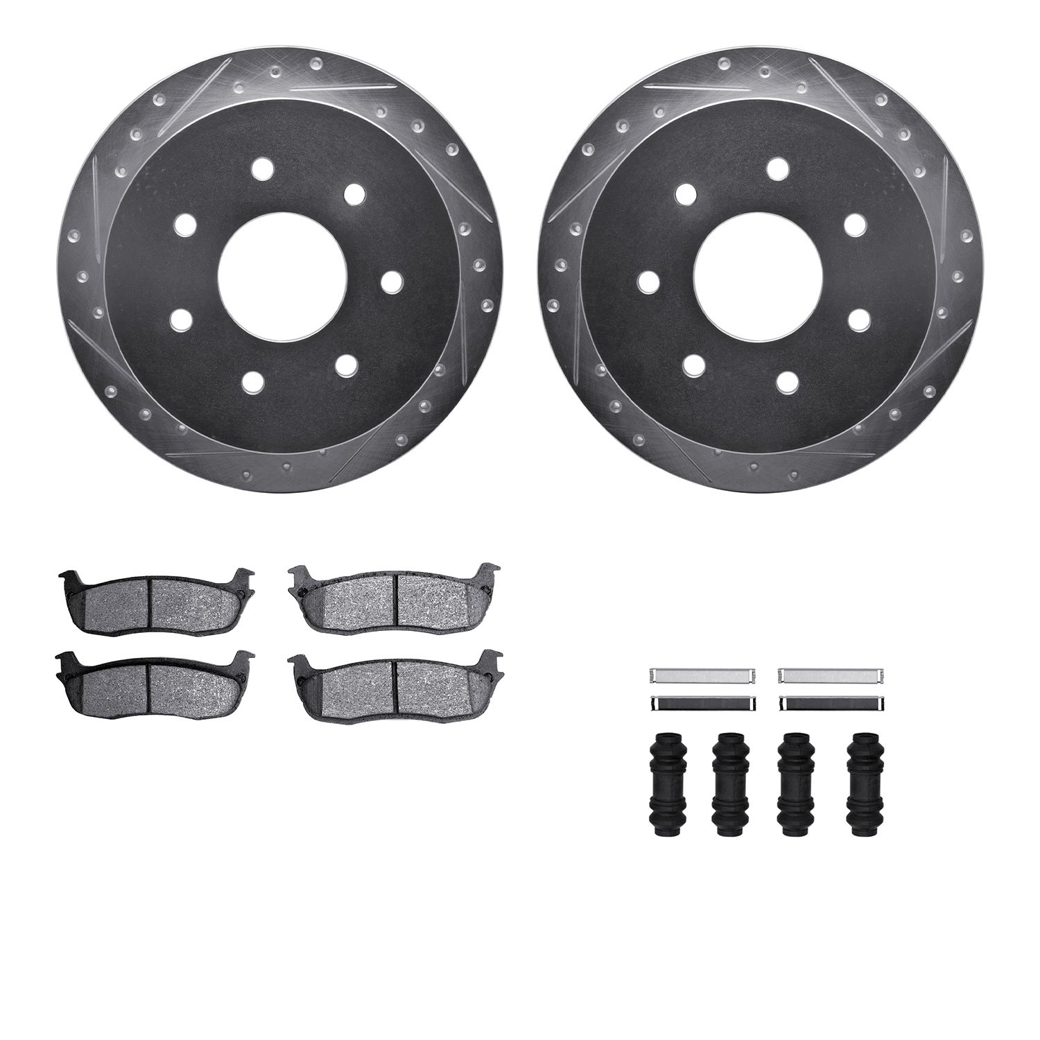 7212-99137 Drilled/Slotted Rotors w/Heavy-Duty Brake Pads Kit & Hardware [Silver], 1997-2004 Ford/Lincoln/Mercury/Mazda, Positio