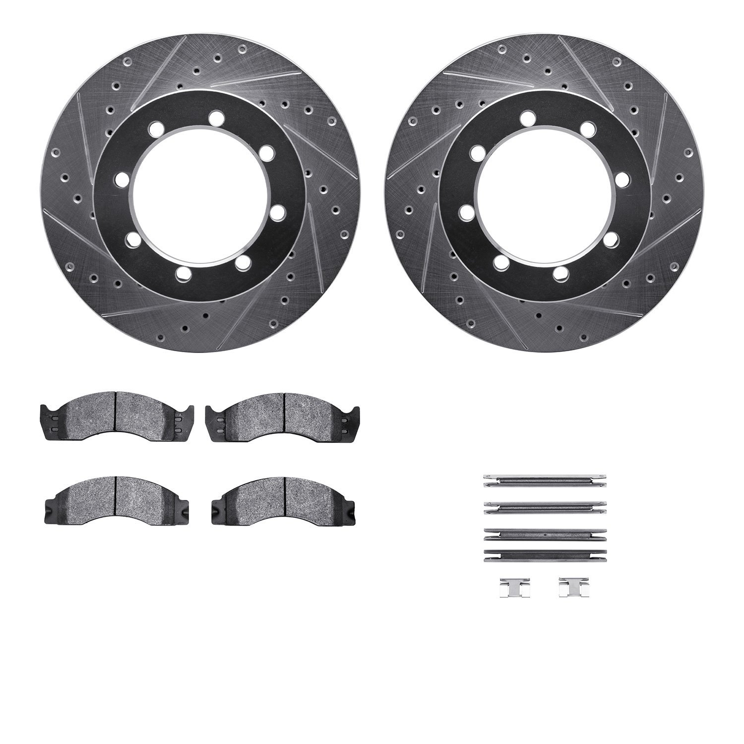 7212-99140 Drilled/Slotted Rotors w/Heavy-Duty Brake Pads Kit & Hardware [Silver], 2003-2007 Ford/Lincoln/Mercury/Mazda, Positio