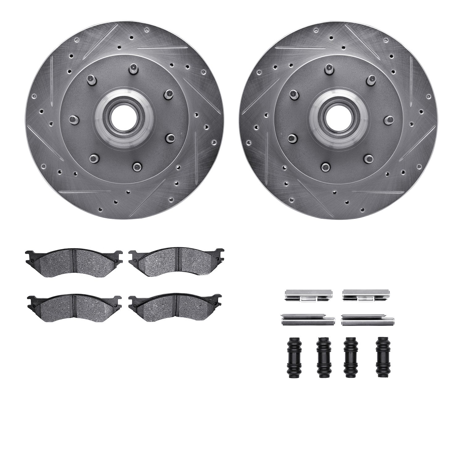 7212-99141 Drilled/Slotted Rotors w/Heavy-Duty Brake Pads Kit & Hardware [Silver], 1997-2002 Ford/Lincoln/Mercury/Mazda, Positio