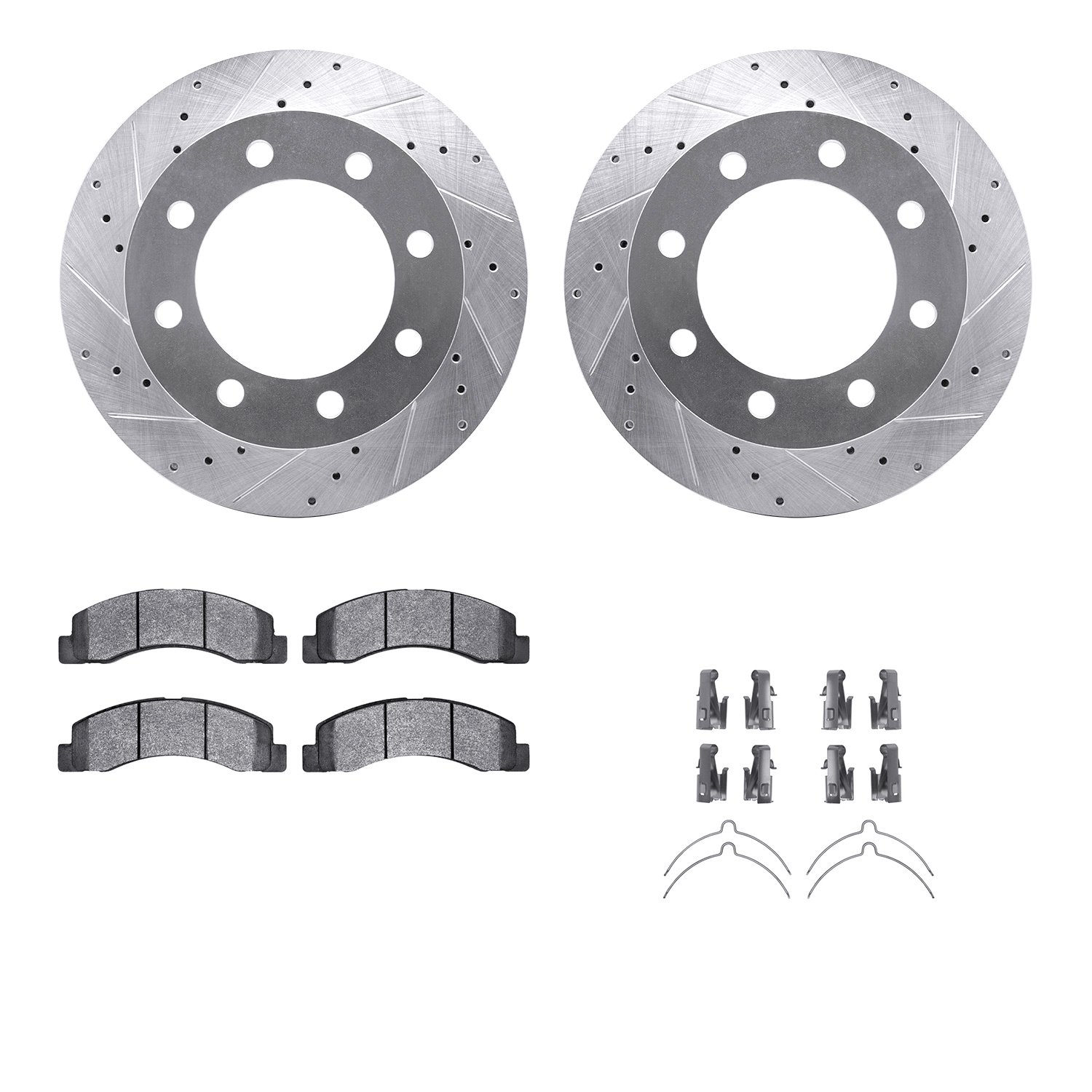 7212-99143 Drilled/Slotted Rotors w/Heavy-Duty Brake Pads Kit & Hardware [Silver], 1999-1999 Ford/Lincoln/Mercury/Mazda, Positio