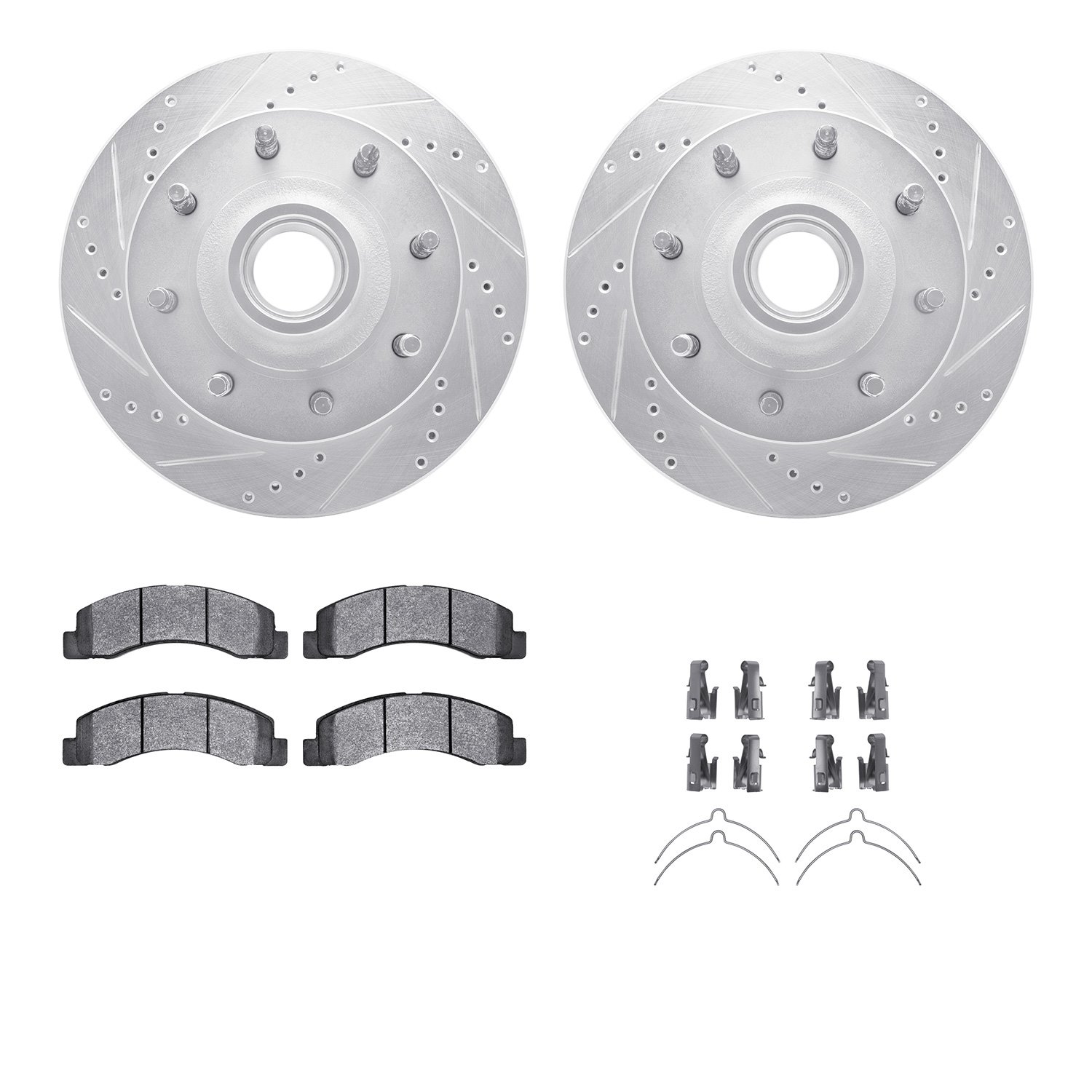 7212-99151 Drilled/Slotted Rotors w/Heavy-Duty Brake Pads Kit & Hardware [Silver], 1999-2002 Ford/Lincoln/Mercury/Mazda, Positio