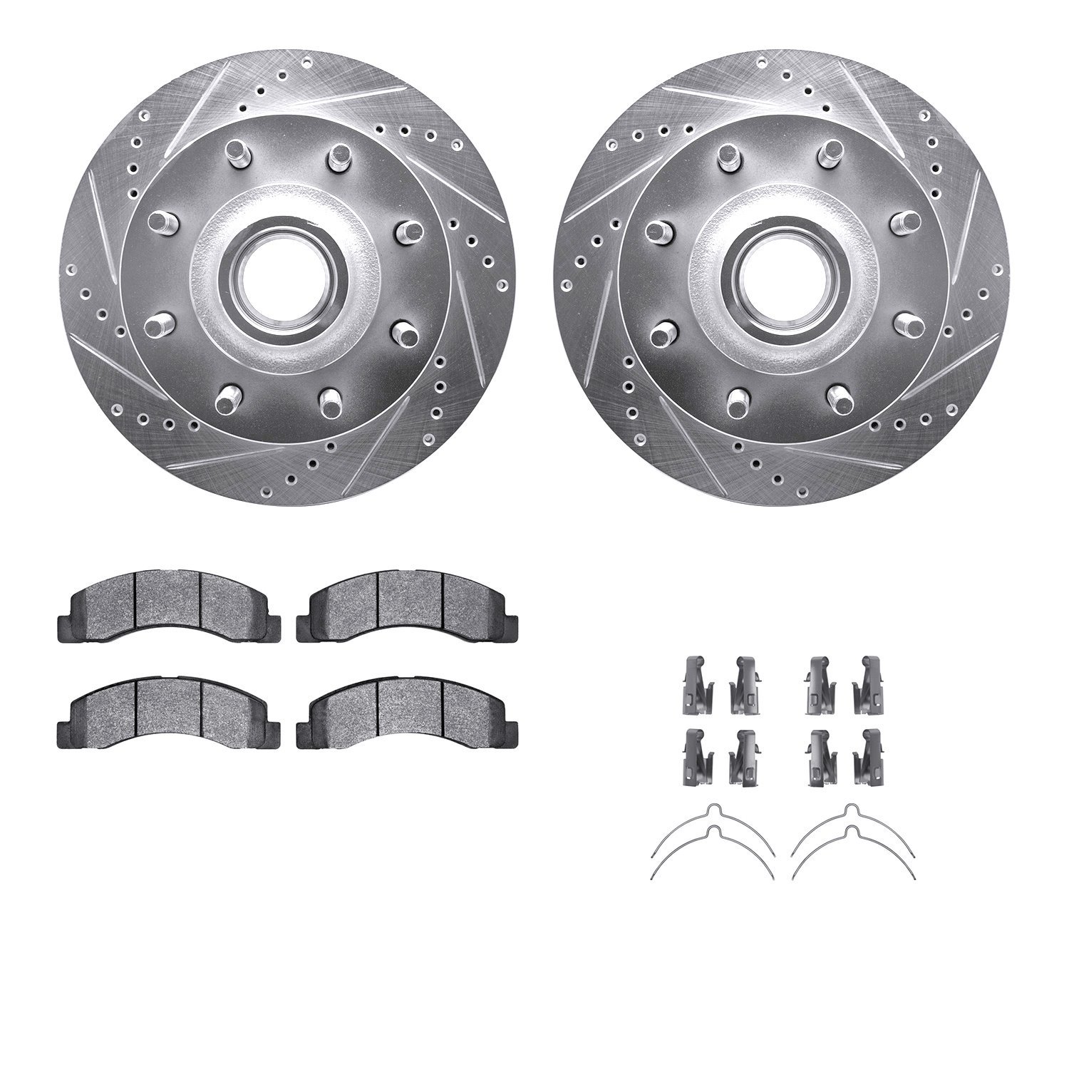7212-99152 Drilled/Slotted Rotors w/Heavy-Duty Brake Pads Kit & Hardware [Silver], 1999-2002 Ford/Lincoln/Mercury/Mazda, Positio