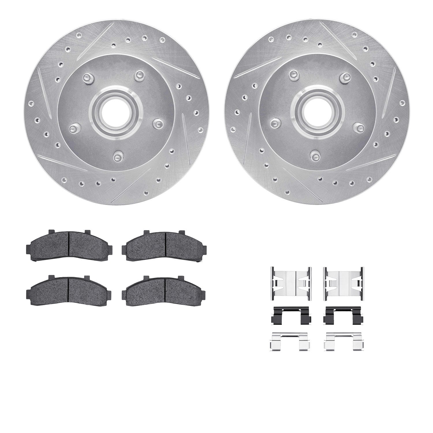 7212-99154 Drilled/Slotted Rotors w/Heavy-Duty Brake Pads Kit & Hardware [Silver], 1998-2002 Ford/Lincoln/Mercury/Mazda, Positio