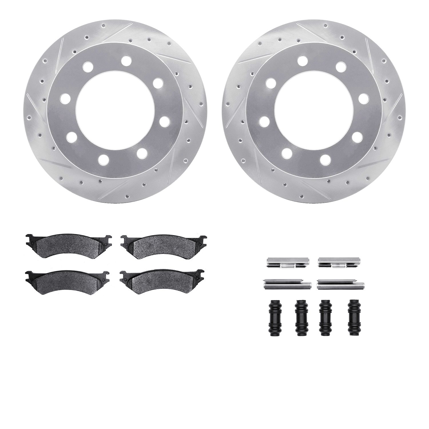 7212-99156 Drilled/Slotted Rotors w/Heavy-Duty Brake Pads Kit & Hardware [Silver], 1999-2007 Ford/Lincoln/Mercury/Mazda, Positio