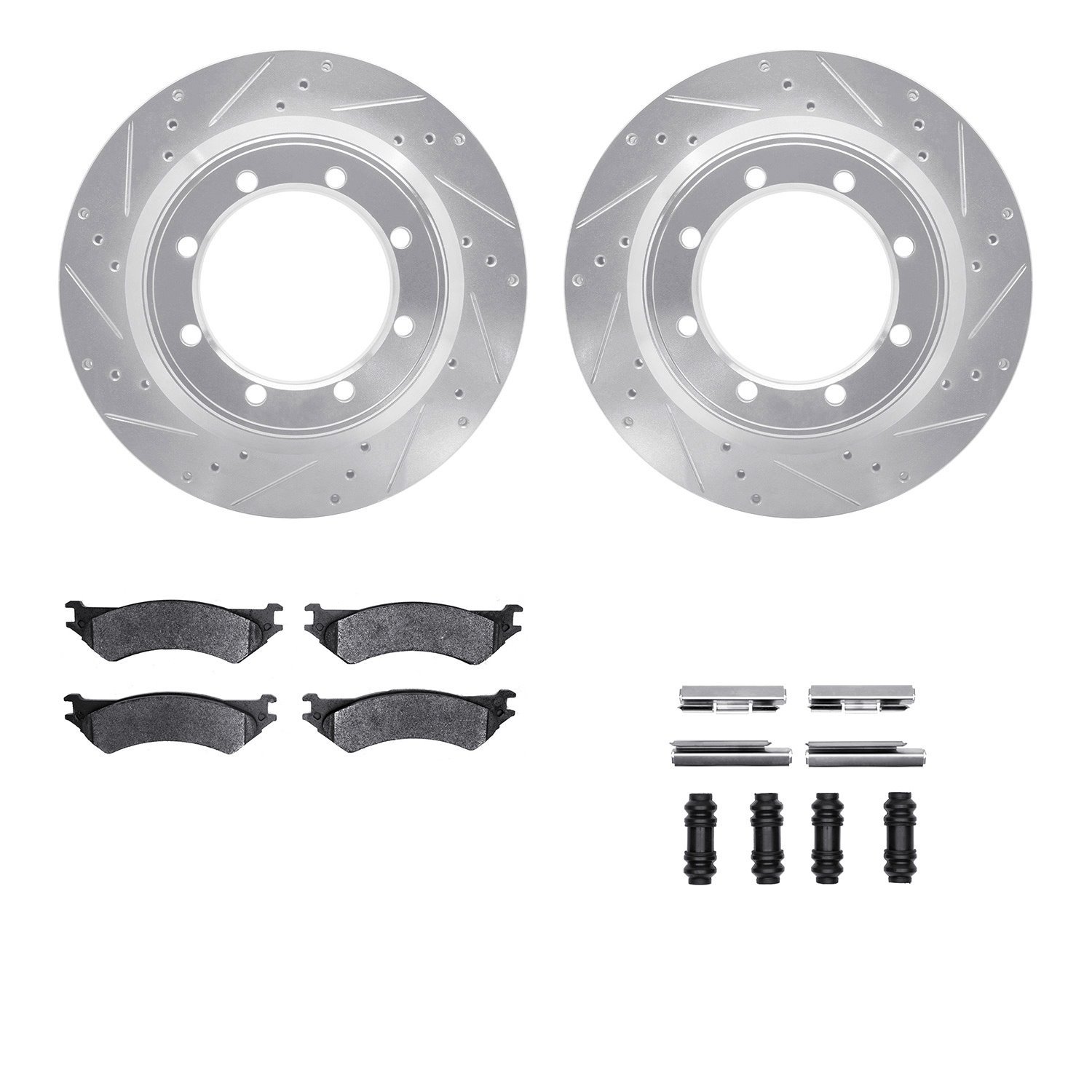 7212-99157 Drilled/Slotted Rotors w/Heavy-Duty Brake Pads Kit & Hardware [Silver], 1999-2007 Ford/Lincoln/Mercury/Mazda, Positio