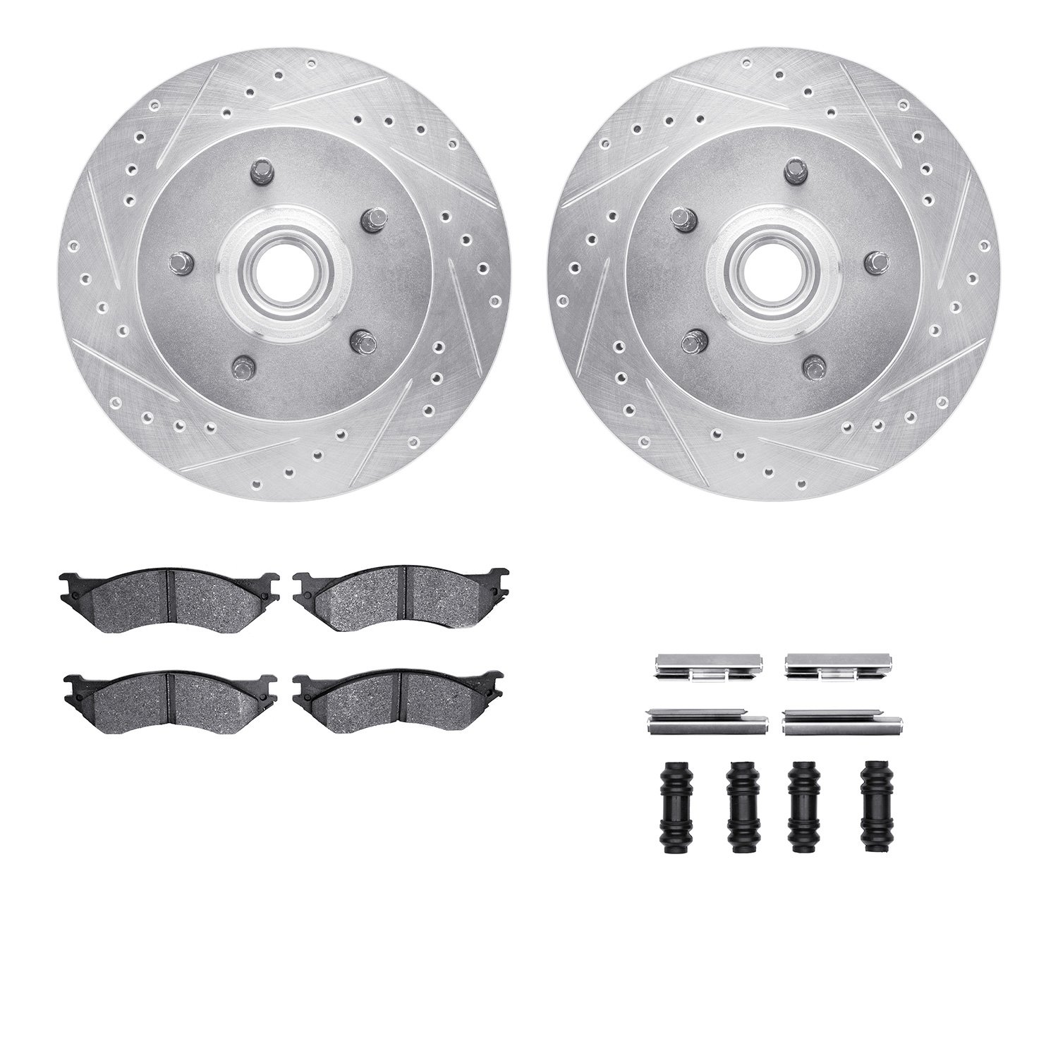 7212-99160 Drilled/Slotted Rotors w/Heavy-Duty Brake Pads Kit & Hardware [Silver], 1999-2004 Ford/Lincoln/Mercury/Mazda, Positio