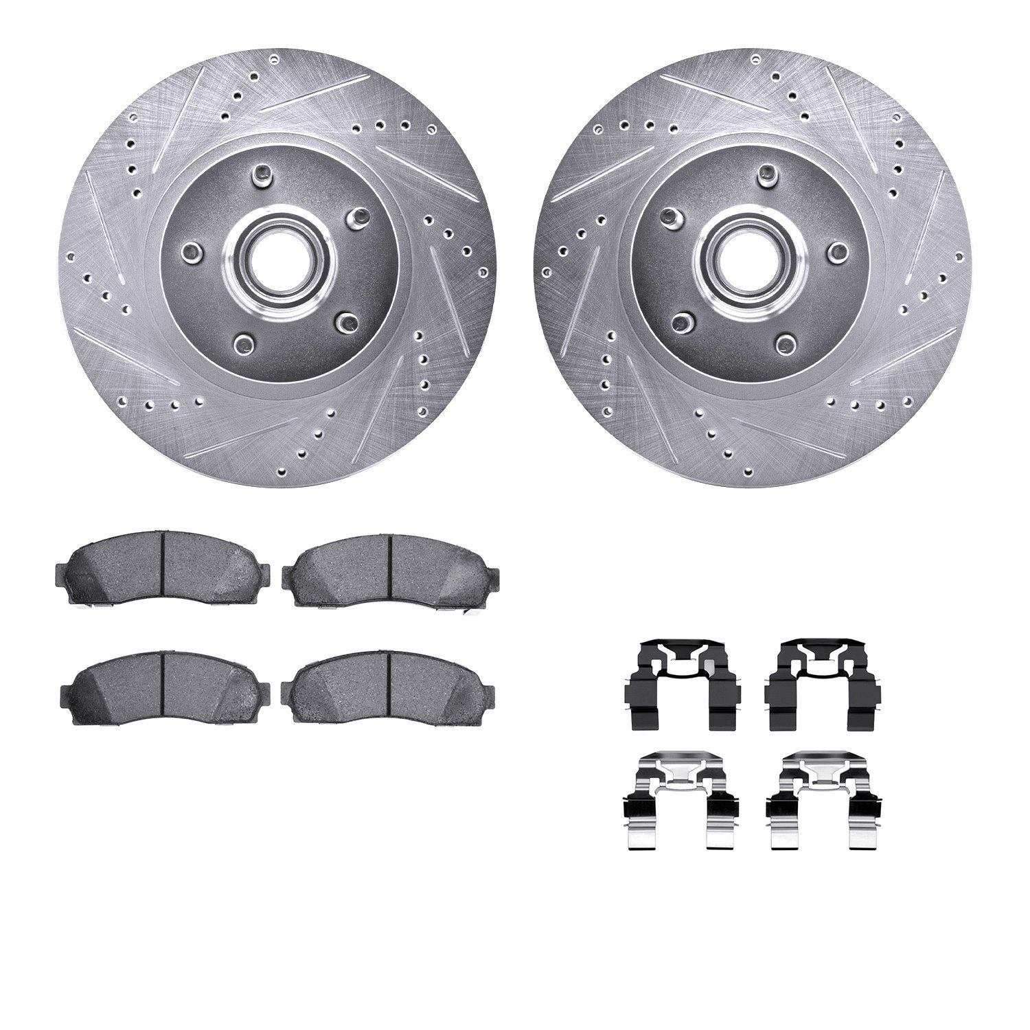 7212-99165 Drilled/Slotted Rotors w/Heavy-Duty Brake Pads Kit & Hardware [Silver], 2001-2005 Ford/Lincoln/Mercury/Mazda, Positio