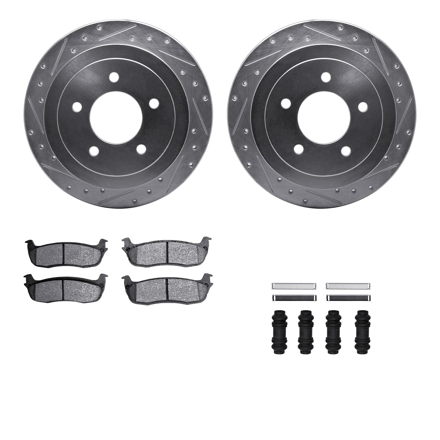 7212-99167 Drilled/Slotted Rotors w/Heavy-Duty Brake Pads Kit & Hardware [Silver], 1997-2004 Ford/Lincoln/Mercury/Mazda, Positio