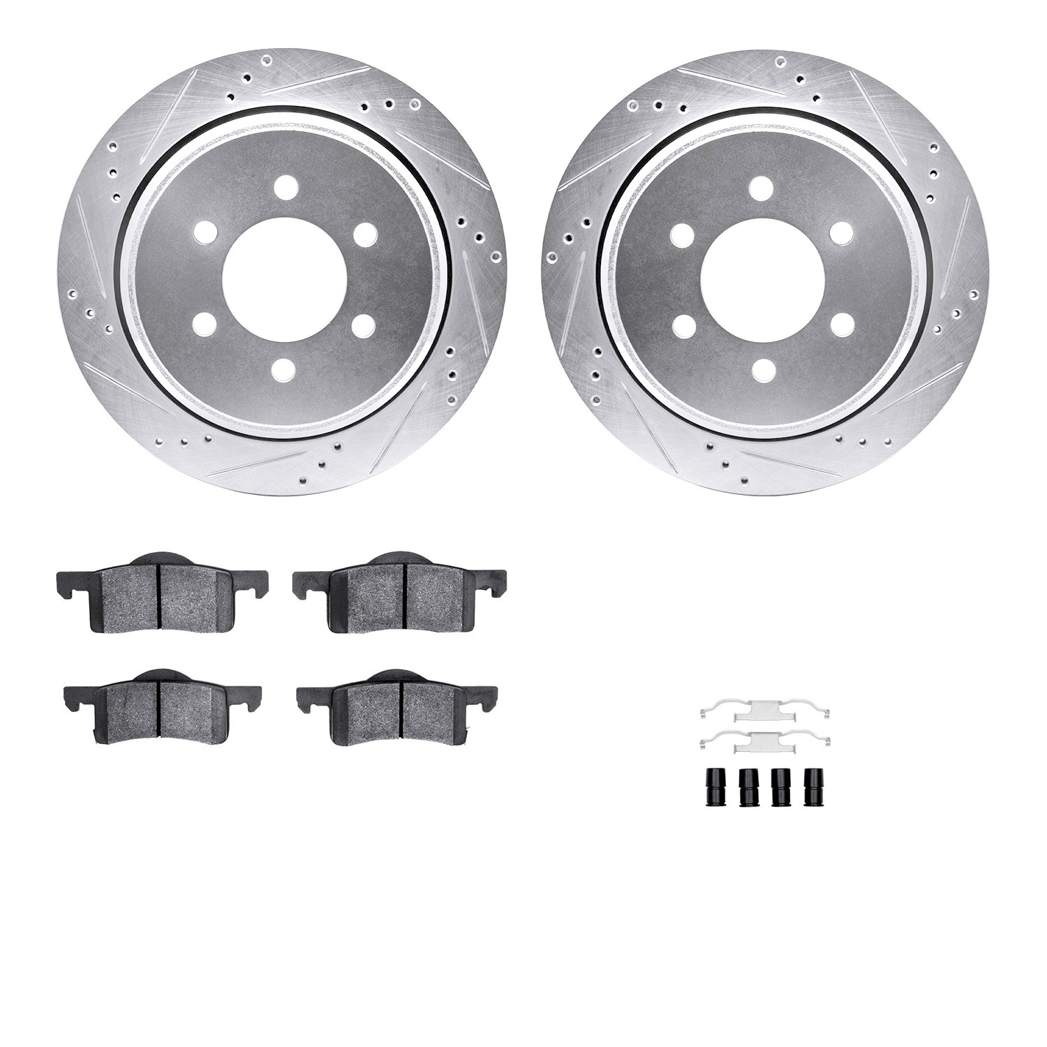 7212-99179 Drilled/Slotted Rotors w/Heavy-Duty Brake Pads Kit & Hardware [Silver], 2002-2006 Ford/Lincoln/Mercury/Mazda, Positio