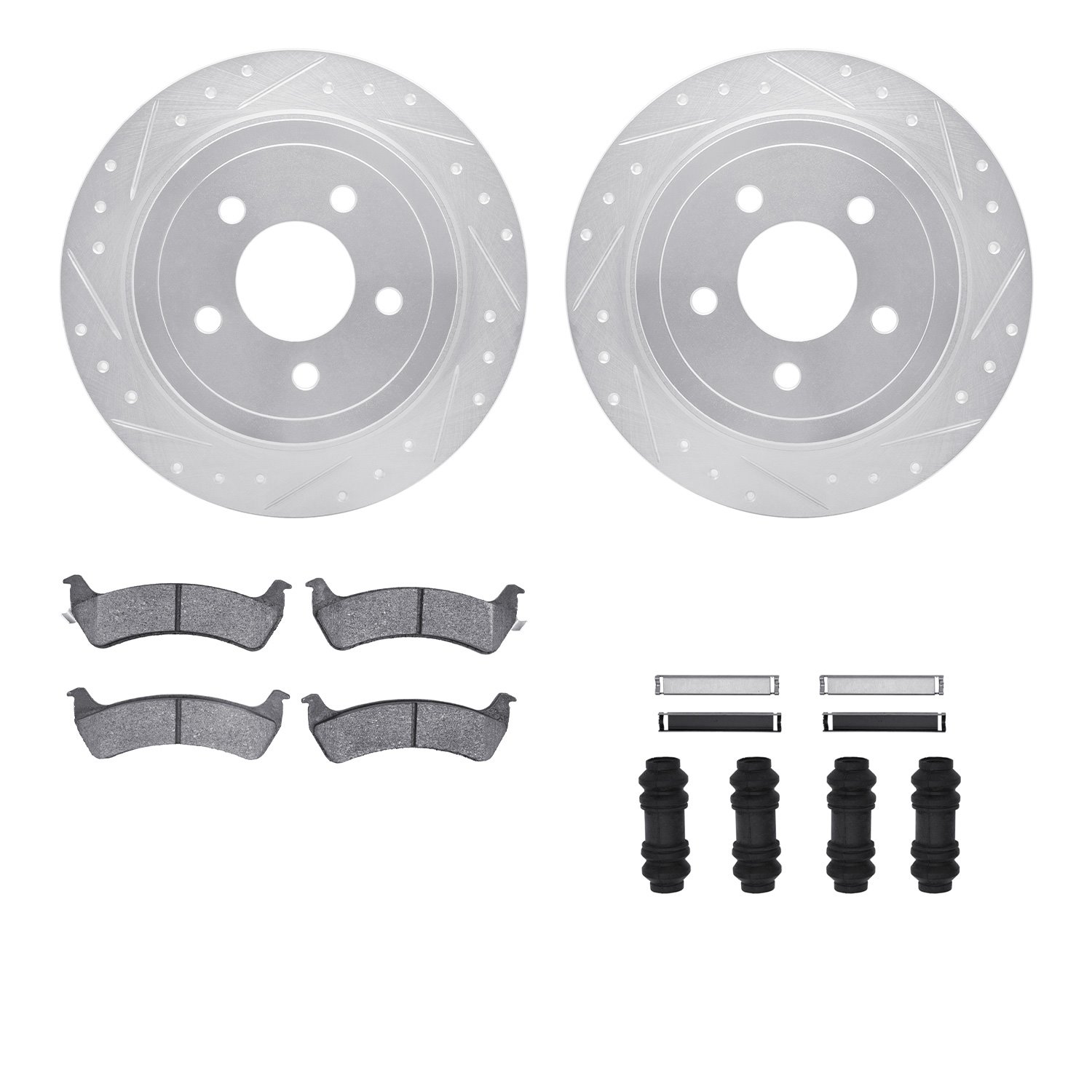 7212-99180 Drilled/Slotted Rotors w/Heavy-Duty Brake Pads Kit & Hardware [Silver], 2003-2005 Ford/Lincoln/Mercury/Mazda, Positio