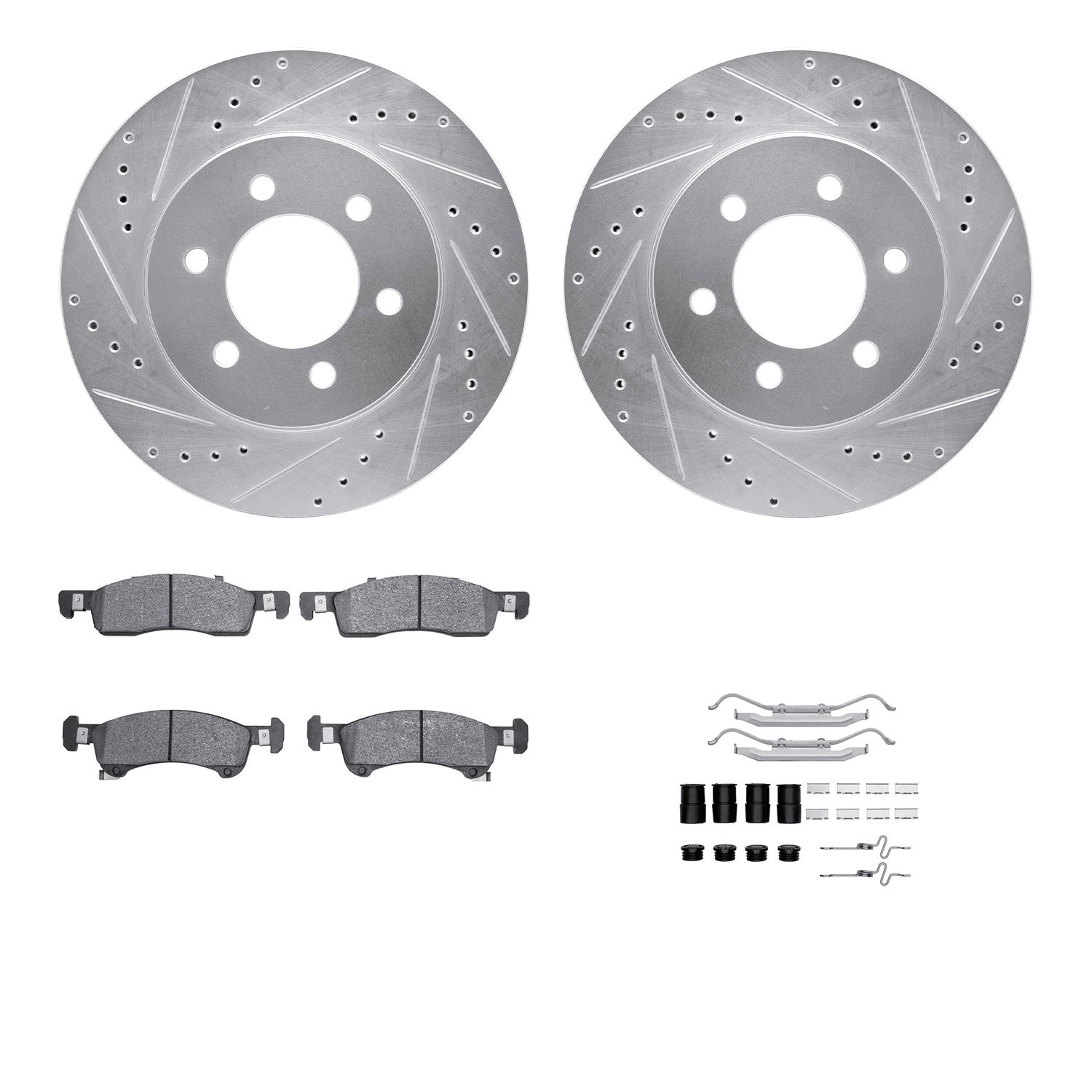 7212-99181 Drilled/Slotted Rotors w/Heavy-Duty Brake Pads Kit & Hardware [Silver], 2002-2006 Ford/Lincoln/Mercury/Mazda, Positio