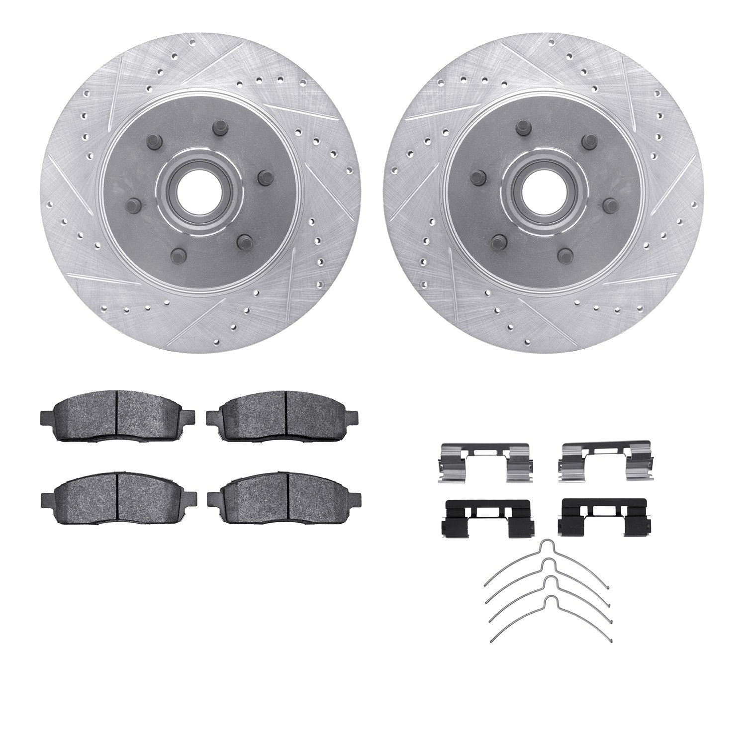 7212-99182 Drilled/Slotted Rotors w/Heavy-Duty Brake Pads Kit & Hardware [Silver], 2004-2008 Ford/Lincoln/Mercury/Mazda, Positio