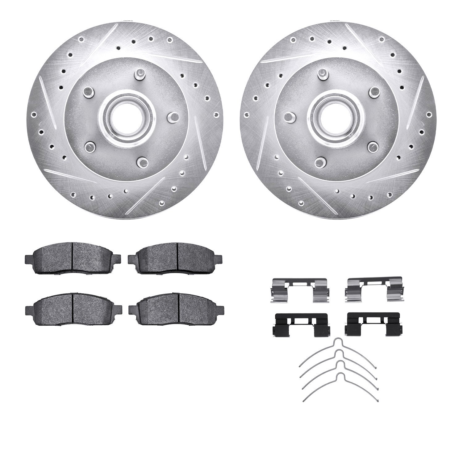 7212-99183 Drilled/Slotted Rotors w/Heavy-Duty Brake Pads Kit & Hardware [Silver], 2004-2008 Ford/Lincoln/Mercury/Mazda, Positio