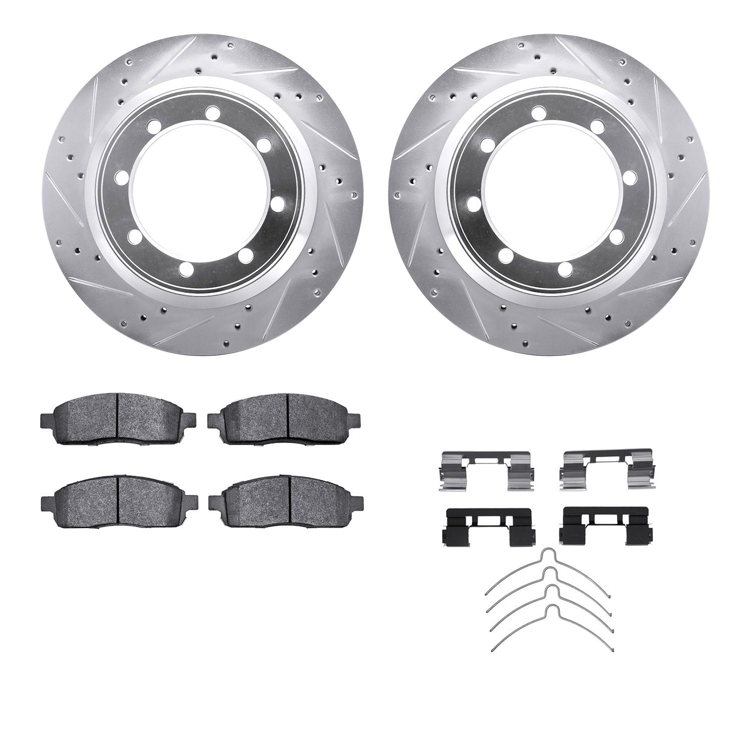 7212-99184 Drilled/Slotted Rotors w/Heavy-Duty Brake Pads Kit & Hardware [Silver], 2004-2008 Ford/Lincoln/Mercury/Mazda, Positio
