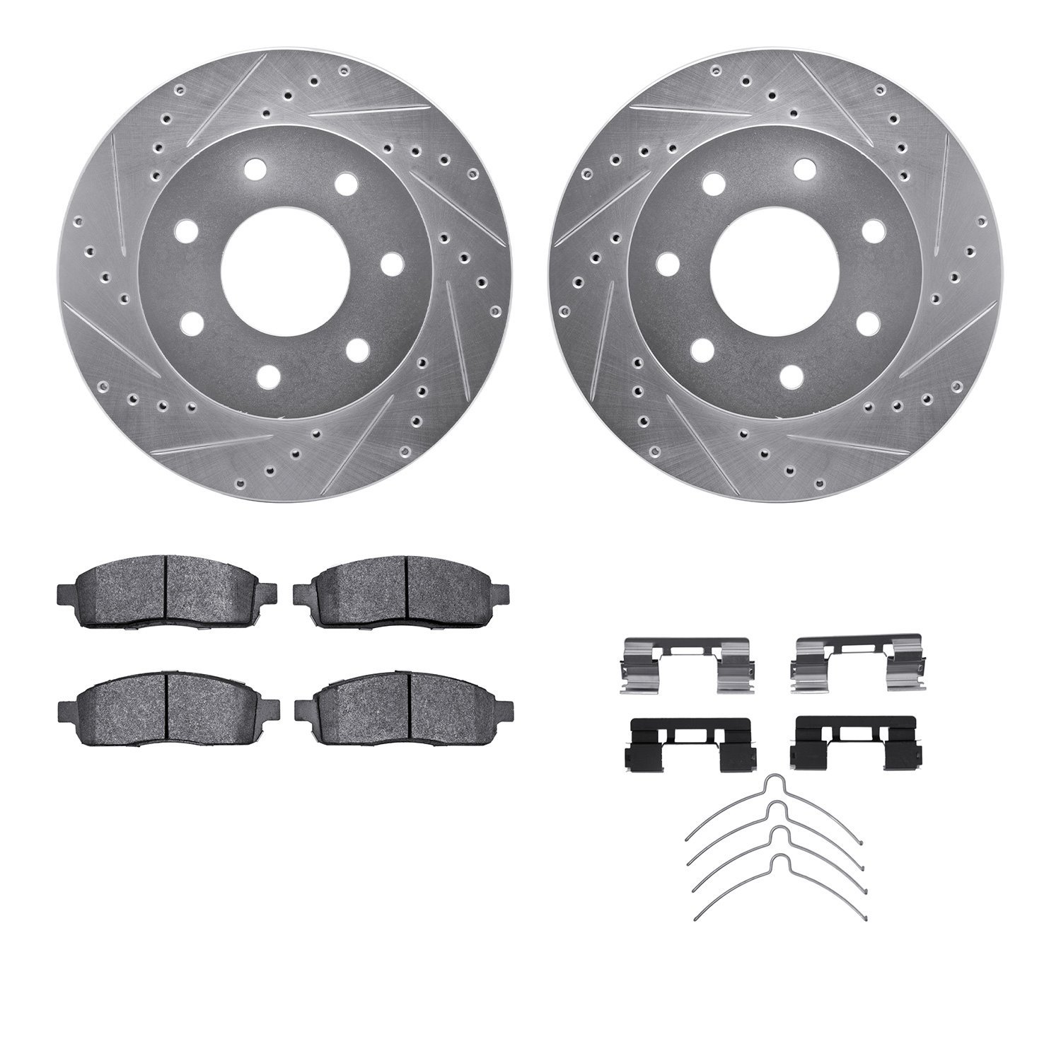 7212-99185 Drilled/Slotted Rotors w/Heavy-Duty Brake Pads Kit & Hardware [Silver], 2004-2008 Ford/Lincoln/Mercury/Mazda, Positio